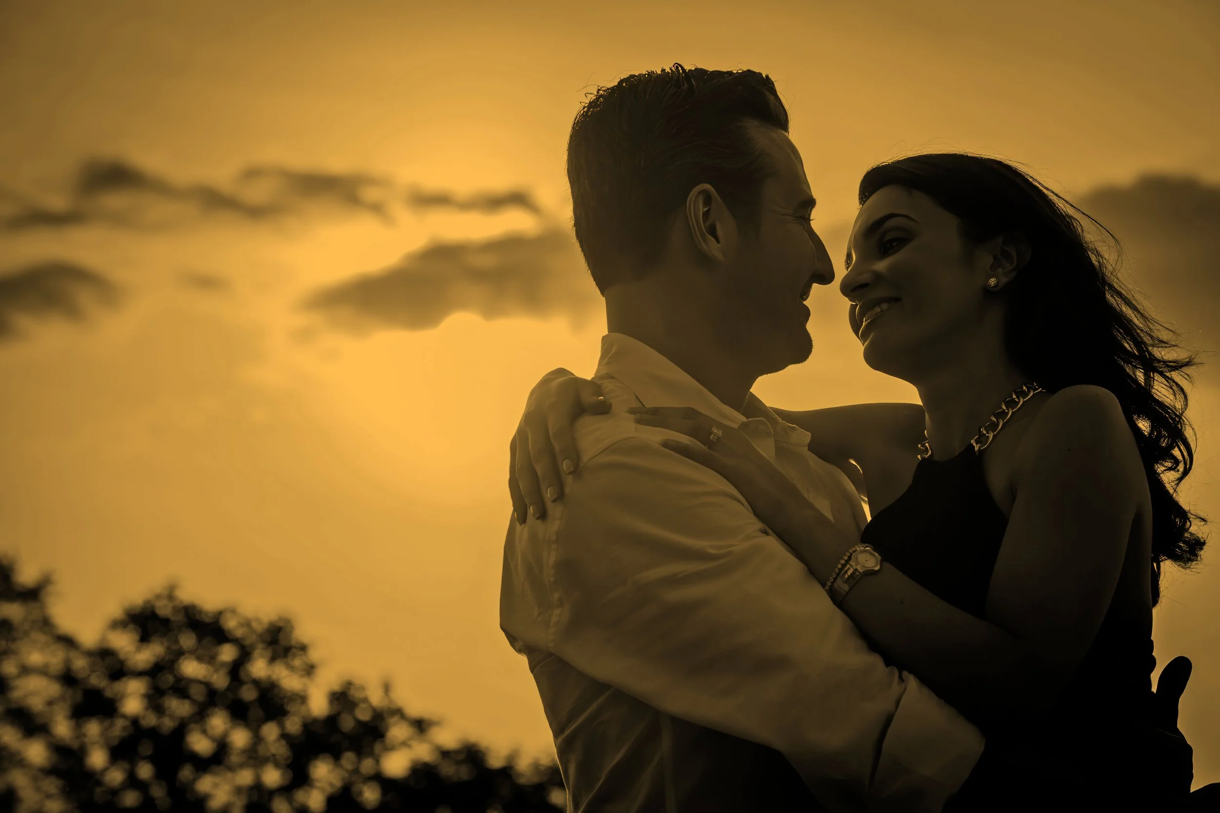 Romantic silhouette of a couple in the backyard of a Westchester NY family home during engagement session