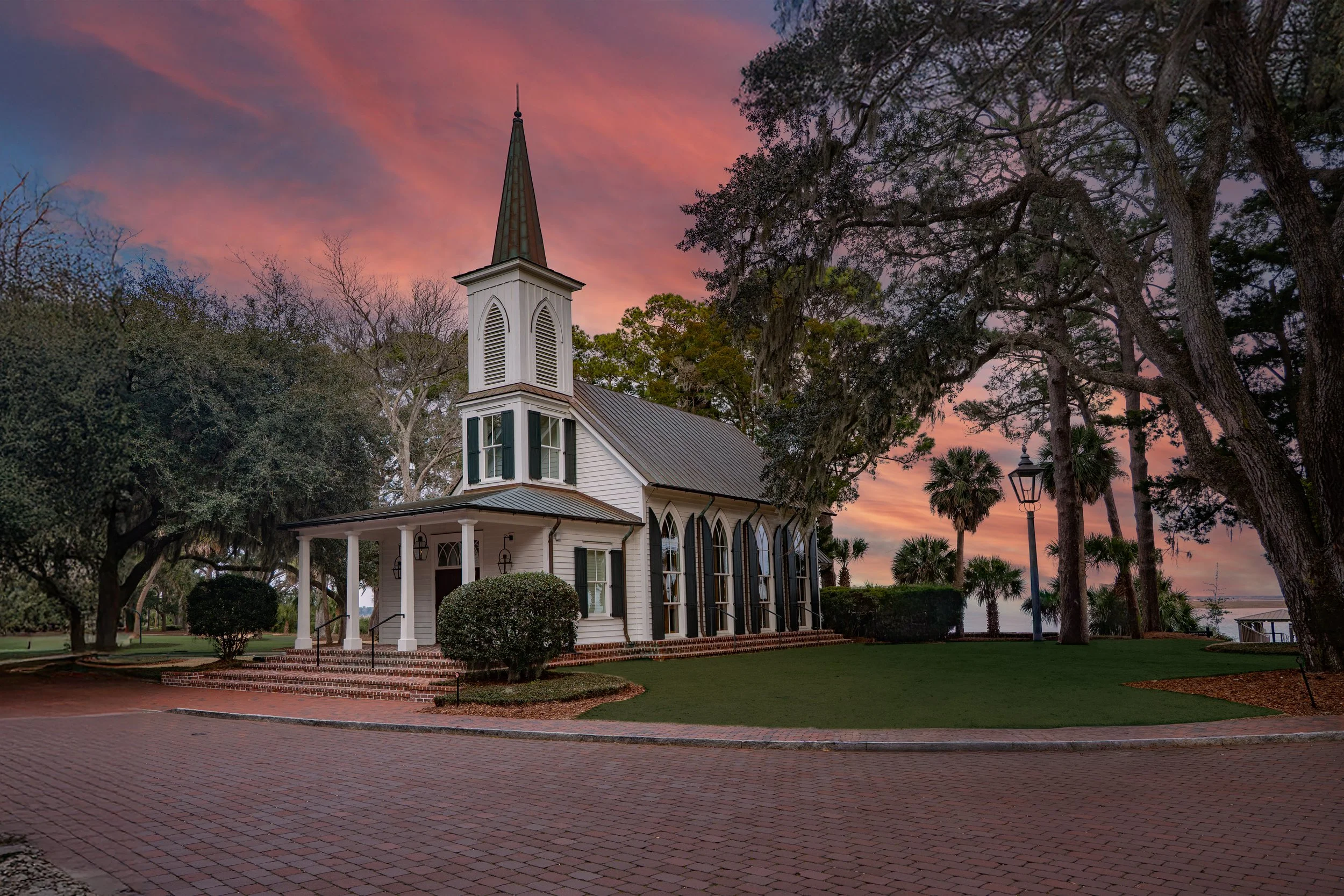 Sunset view of the May River Chapel at Montage Palmetto Bluff near Savannah, Georgia