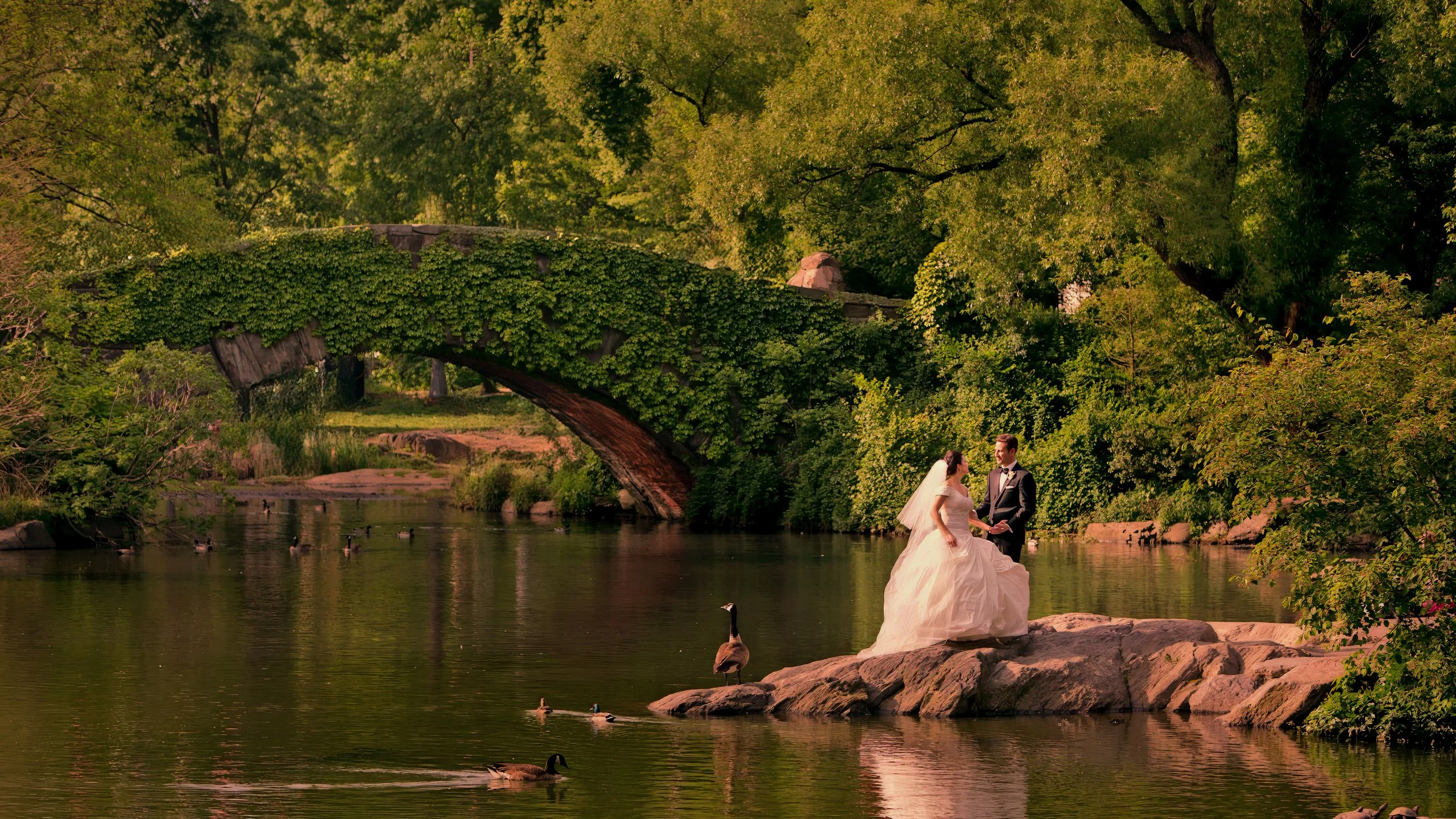 Bride and groom by The Pond at Central Park with lush summertime greenery.