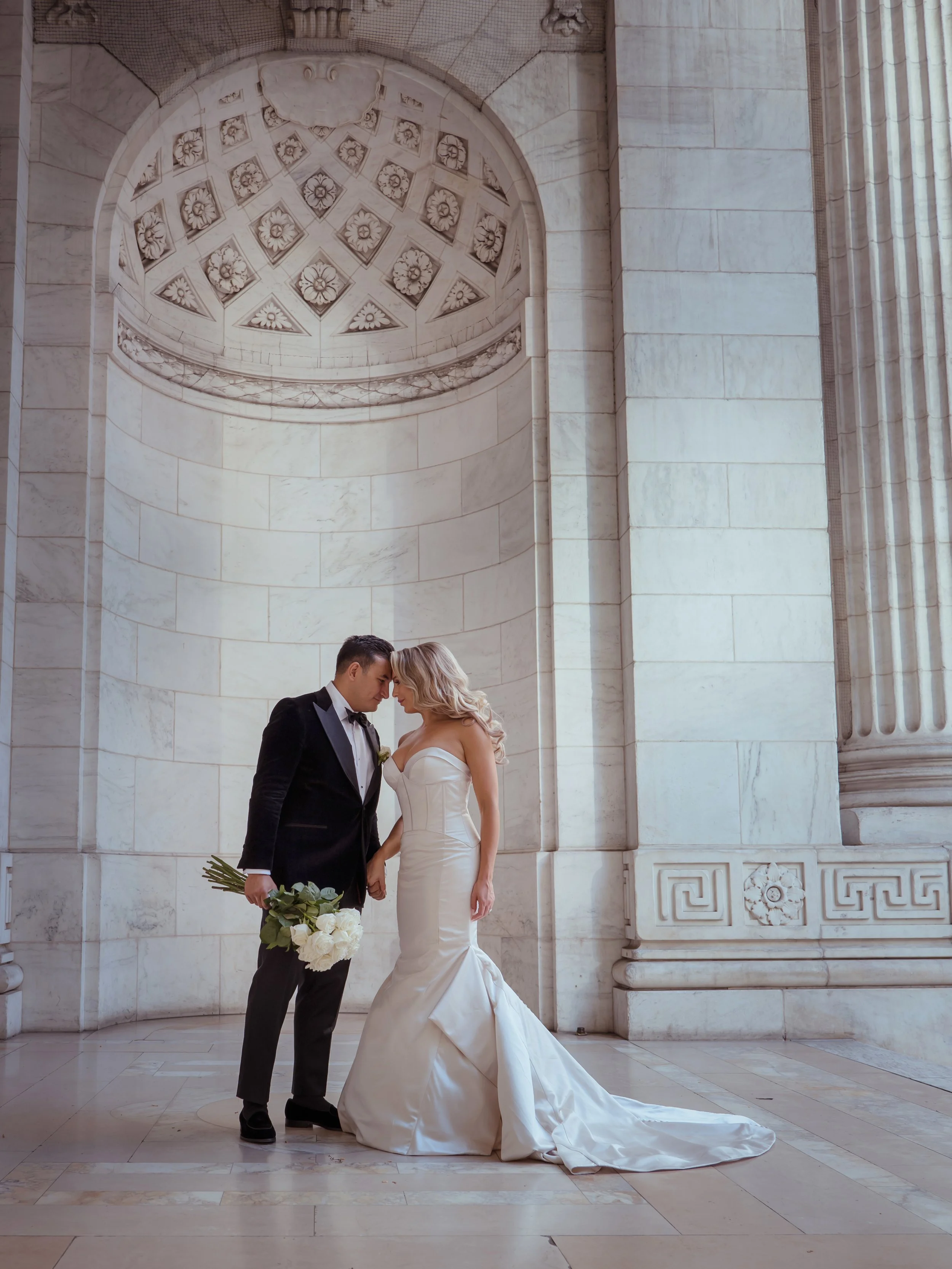 Romantic bride and groom portrait at the New York Public Library before Bryant Park Grill wedding NYC