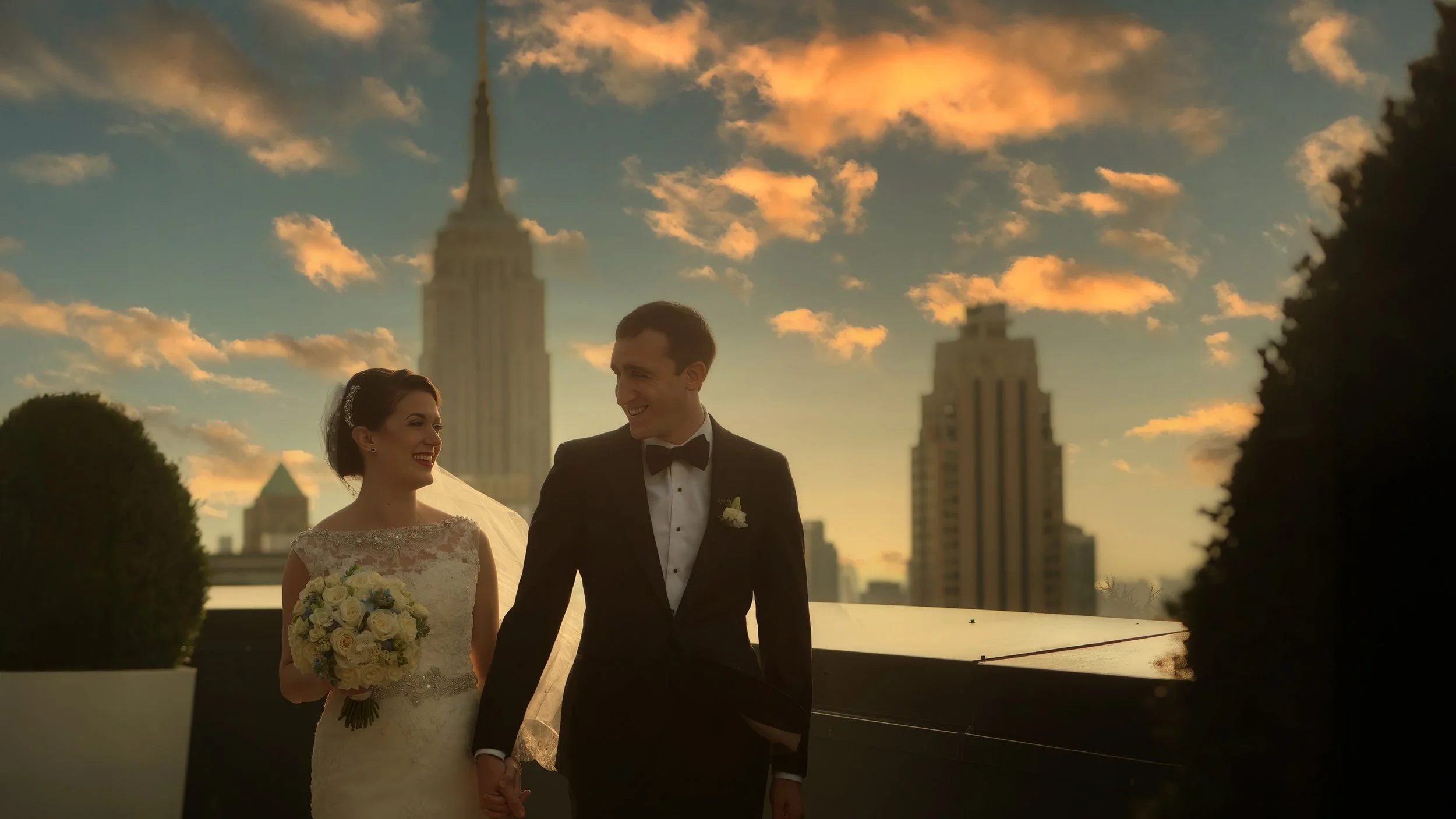Golden hour wedding portraits on the rooftop of the New York Palace Hotel with the Empire State Building in the background.