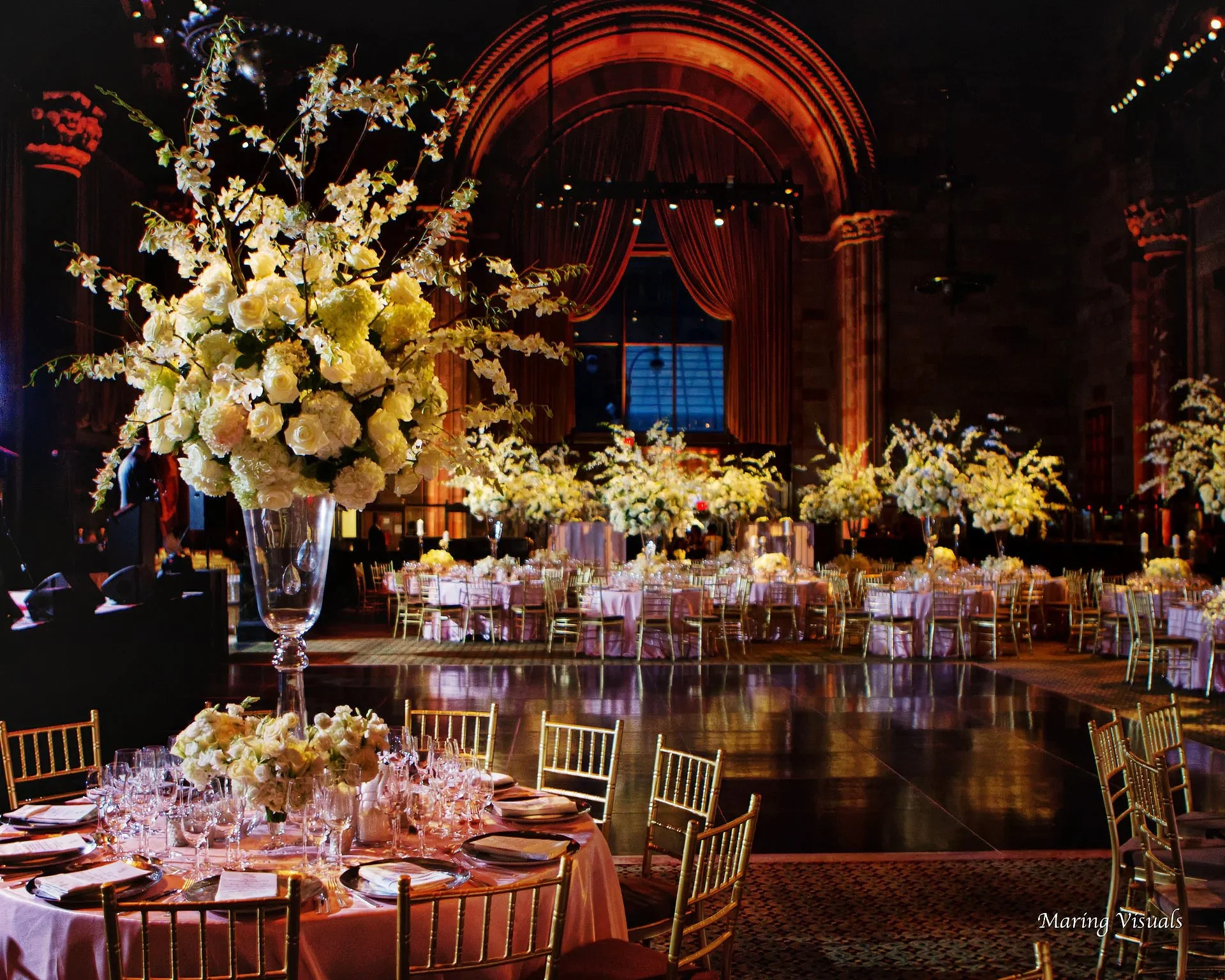 Lavish wedding reception decor in the ballroom at Cipriani 42nd Street Midtown Manhattan