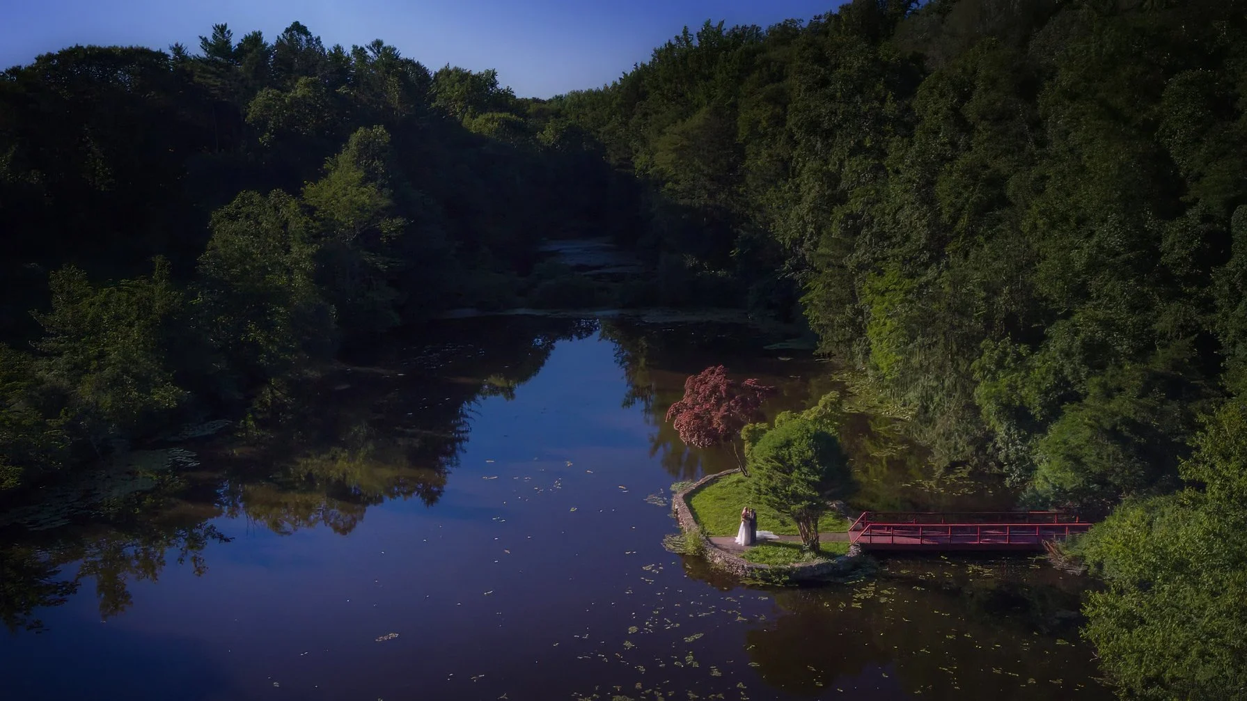 Aerial view of a bride and groom standing on an island lake at Whispering Oaks in Norwalk, Connecticut.