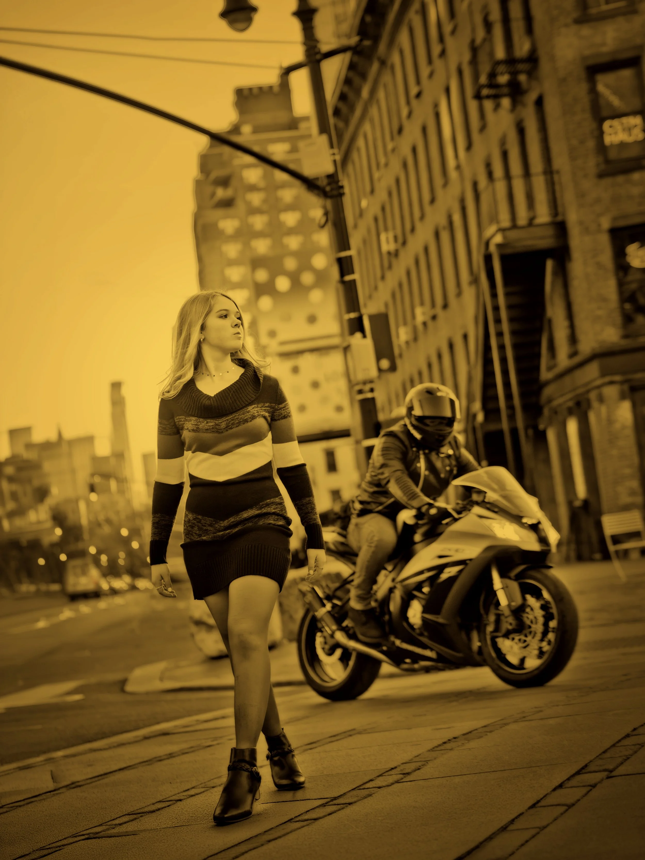 Senior walking confidently down a street in West Chelsea, New York City, with a poised and self-assured presence.