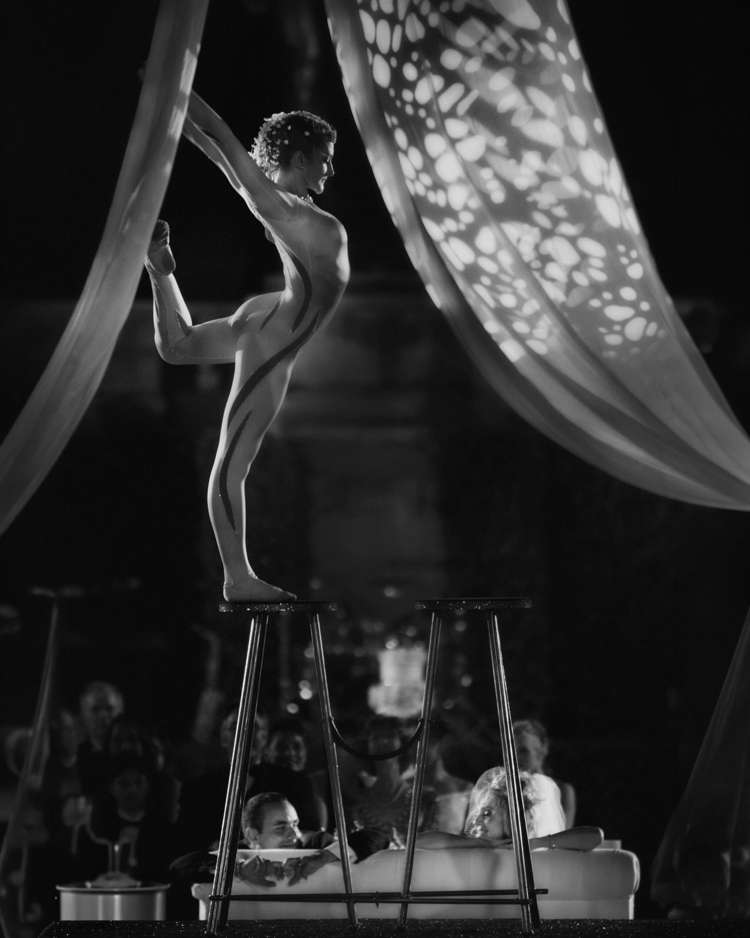 Cirque du Soleil-style performance during a luxury wedding reception at the Ringling Museum in Sarasota.