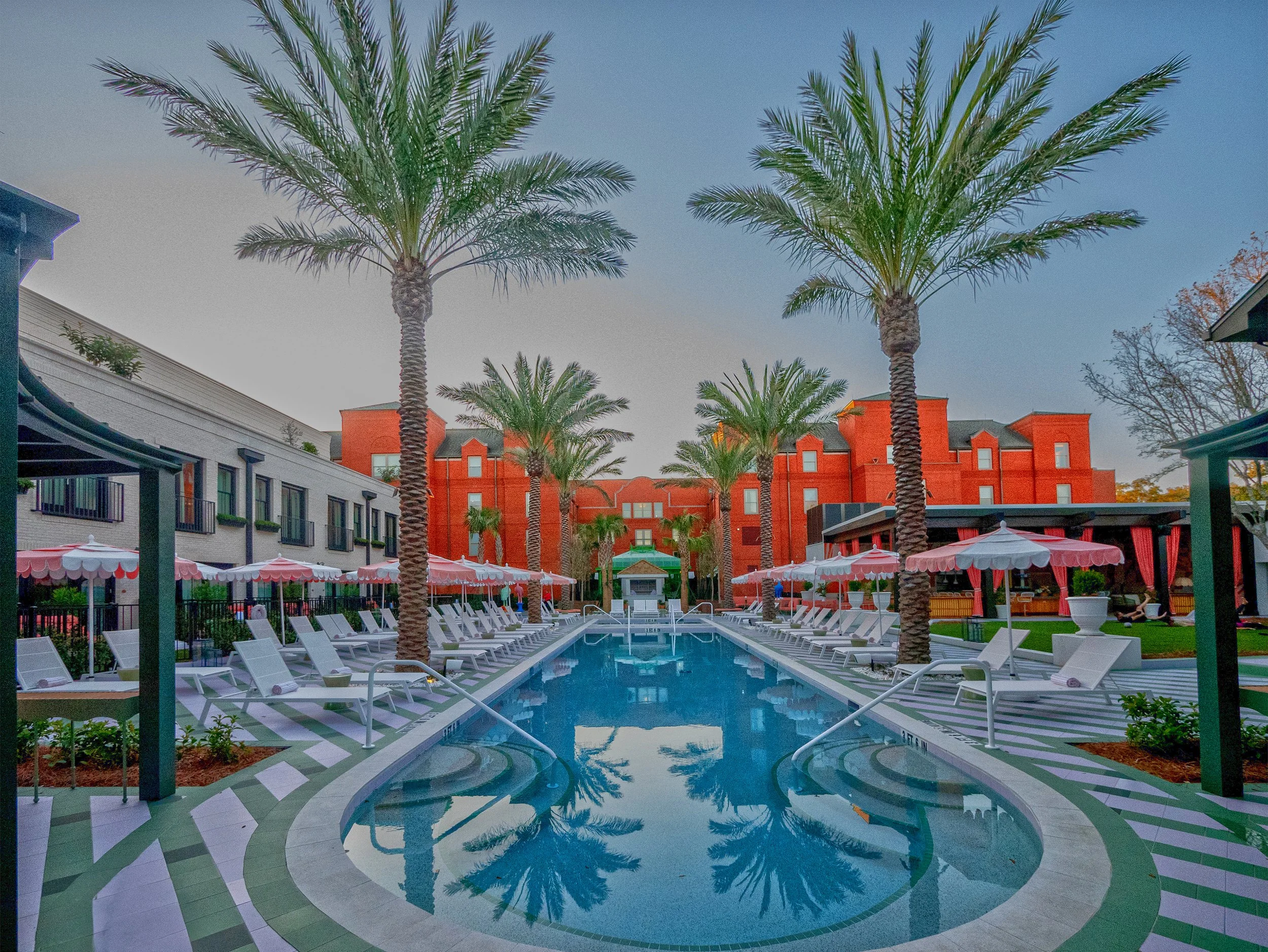 Palm trees and pool in the courtyard at Hotel Bardo, Savannah, Georgia