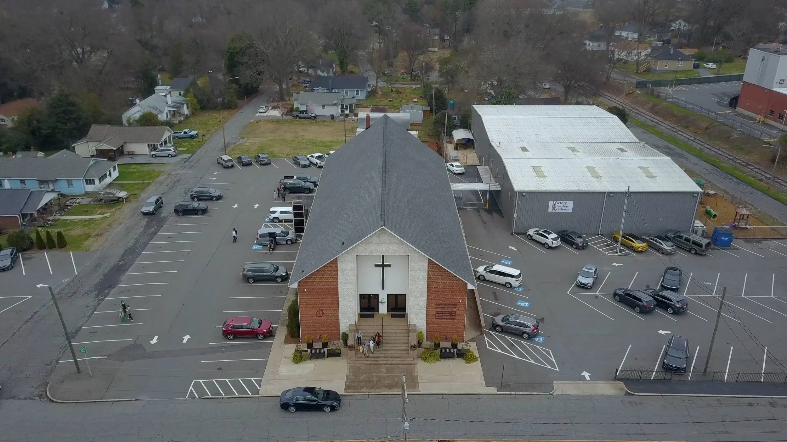 Aerial cinematography of South Gastonia Church of God in North Carolina, featured in a professionally produced church history documentary by Maring Visuals.