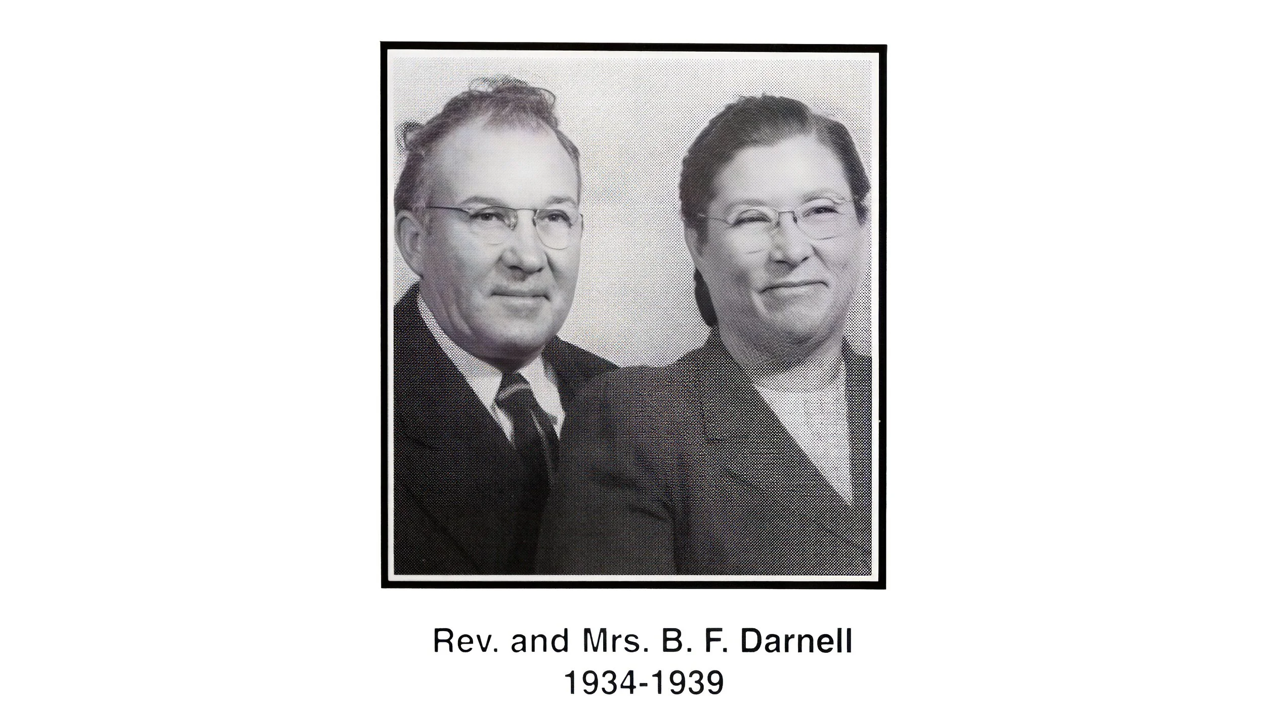 Historical black-and-white portrait of Rev. and Mrs. B. F. Darnell, prepared for inclusion in a church anniversary documentary.