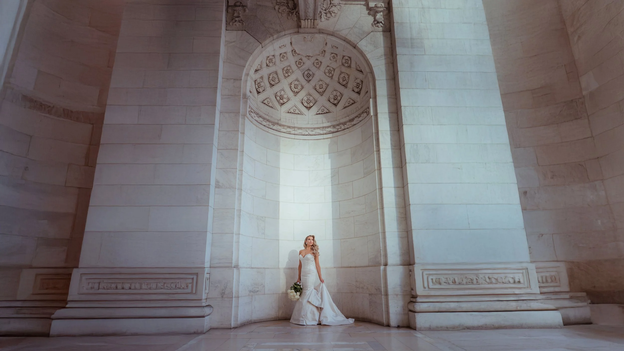 Elegant bridal portrait in soft natural light at the New York Public Library Midtown Manhattan wedding
