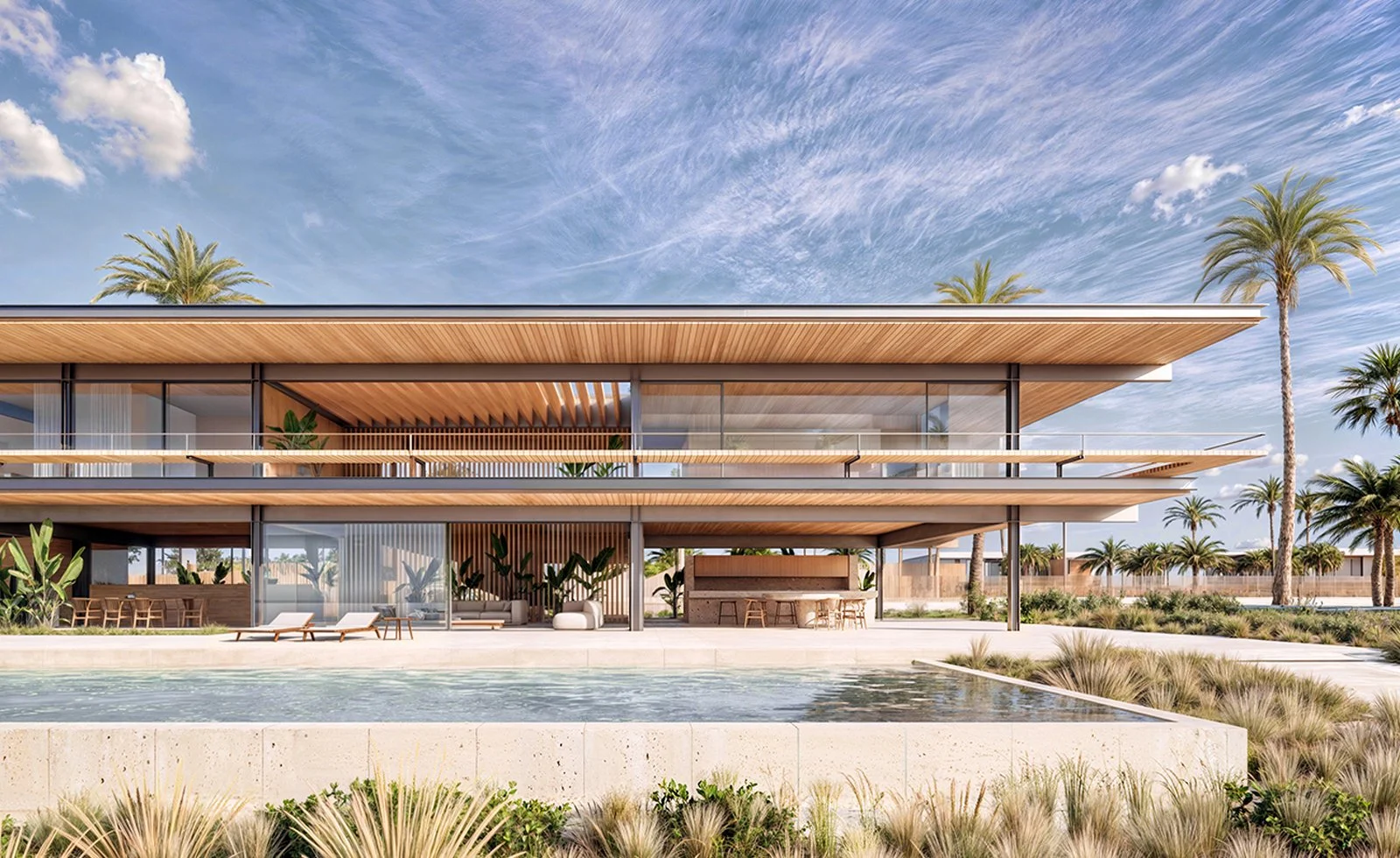 villa the palm en dubai, vista exterior, piscina, estructura de acero, acabado madera