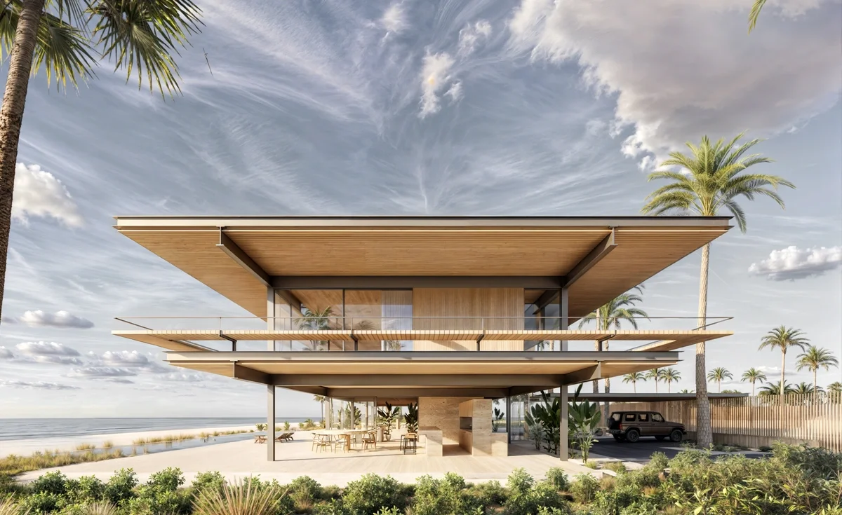 Casa de playa moderna elevada con voladizos / Elevated modern beach house with overhangs