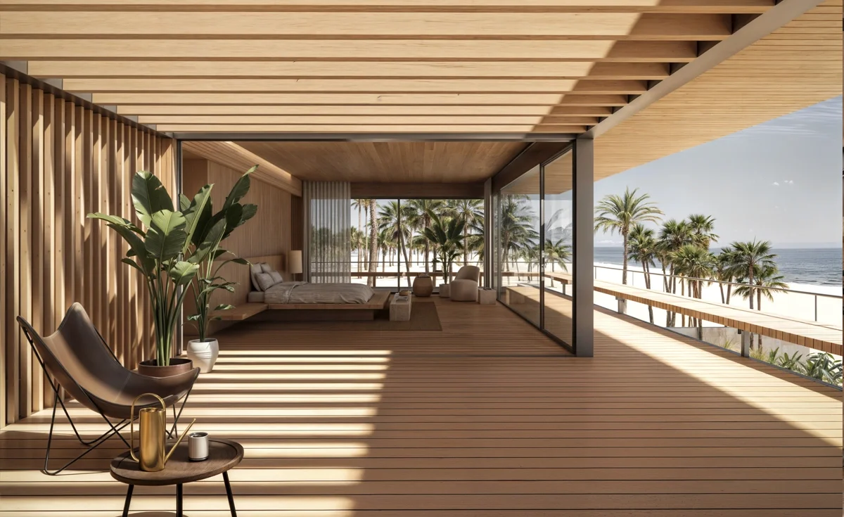 Dormitorio contemporáneo frente al mar con madera natural / Contemporary beachfront bedroom with natural wood