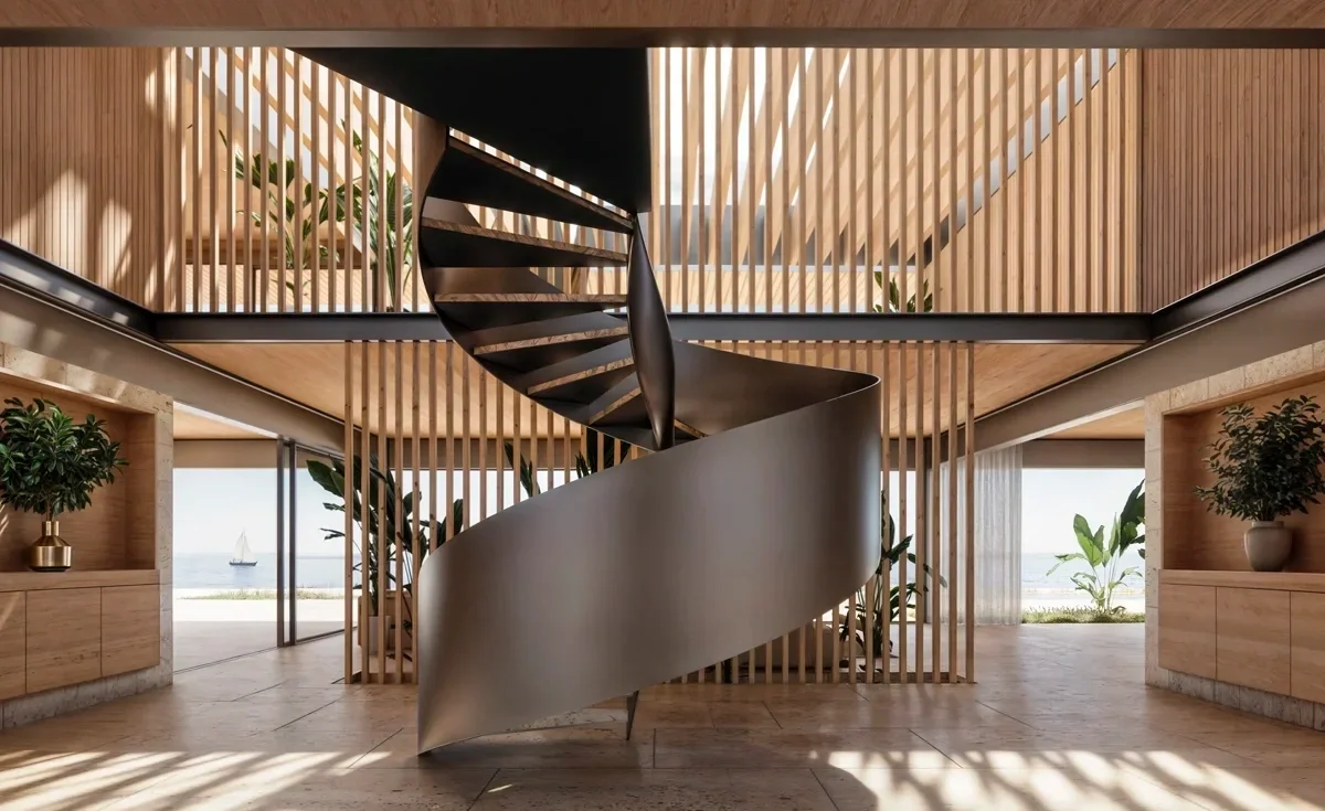 Interior contemporáneo con escalera escultórica y vistas al mar / Contemporary interior with sculptural staircase and sea views