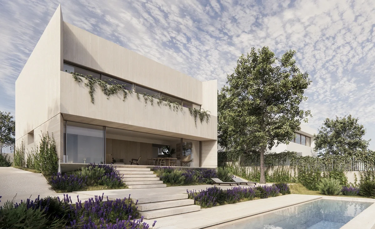 Vivienda unifamiliar contemporánea con terraza, piscina y vegetación integrada en fachada y jardín.