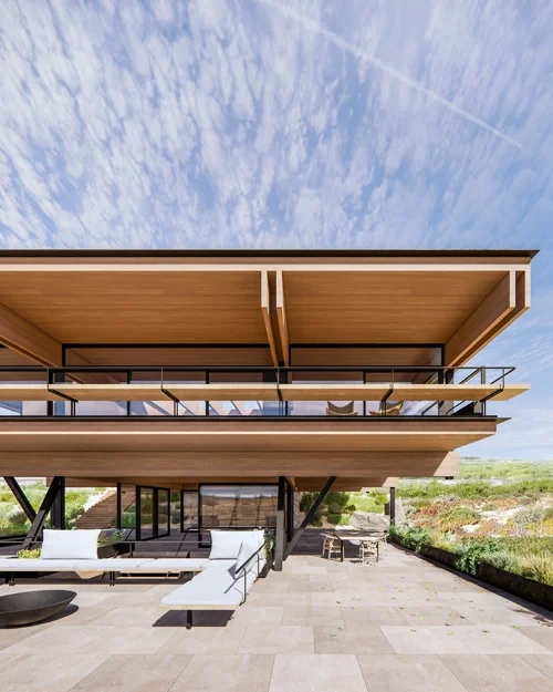 Vivienda unifamiliar contemporánea con gran voladizo de madera, estructura metálica vista y terraza exterior sombreada.