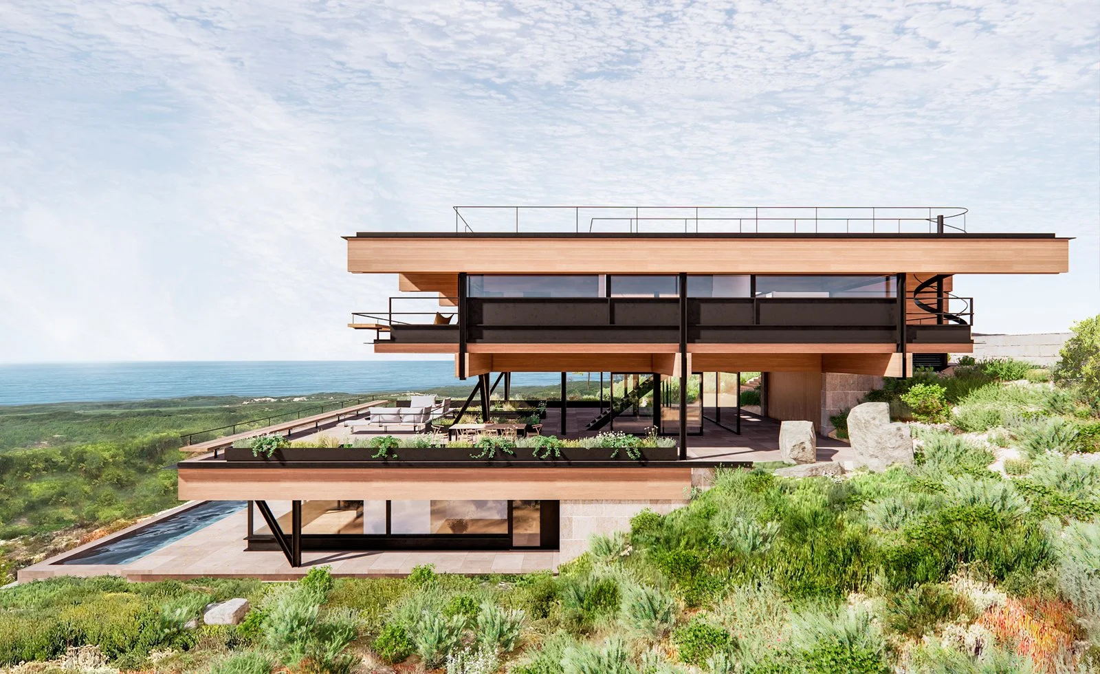 Villa Falesia en Portugal, estructura de madera y acero, aterrazada, paisaje, mar