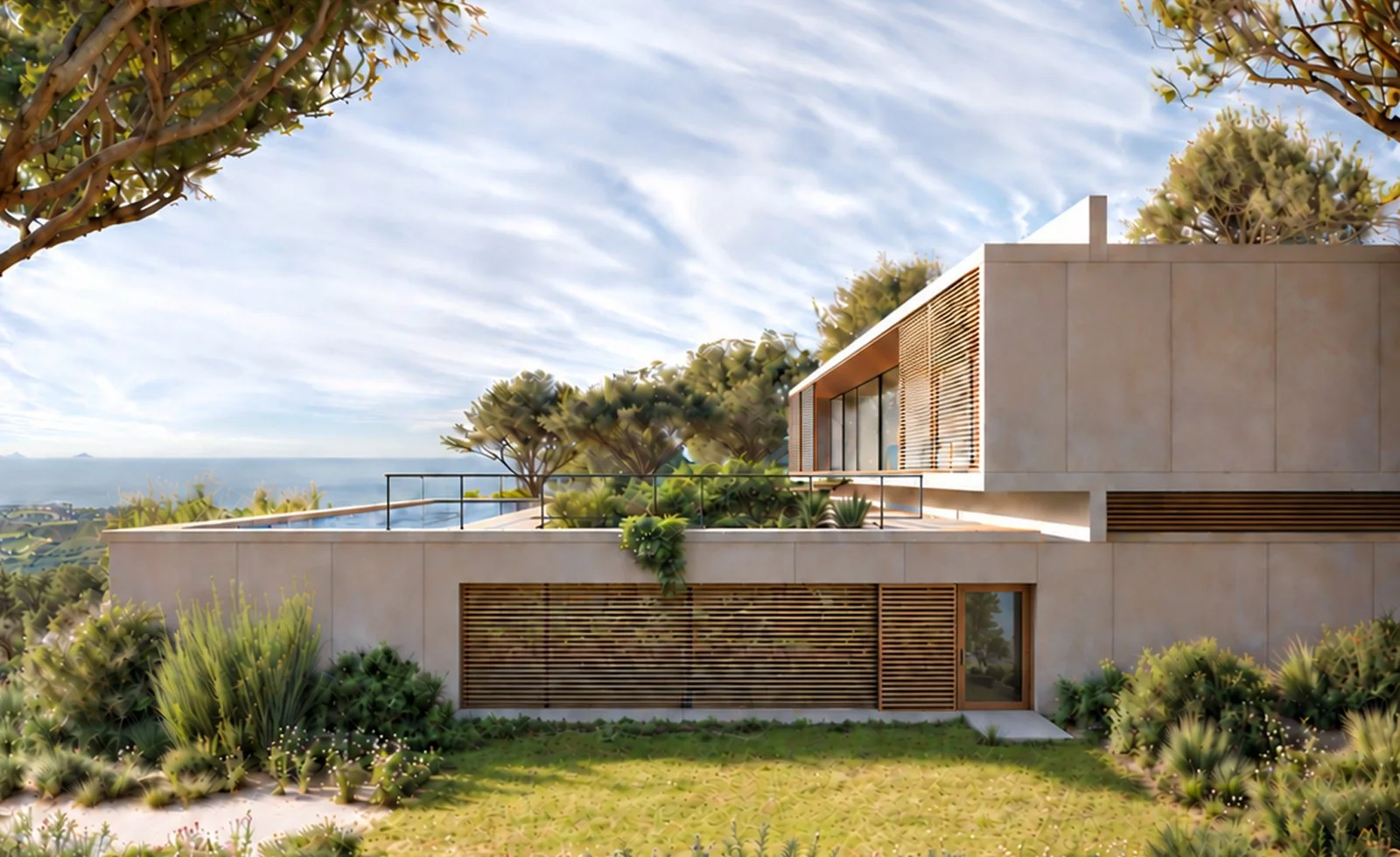 casa palco das mares, en portugal, basamento de hormigón y celosías de madera, paisaje, mar