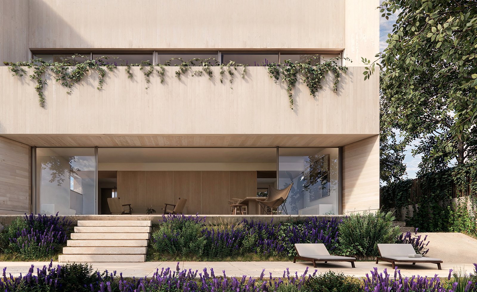 Casa Lares I en Madrid, fachada de hormigón, jardín y piscina.