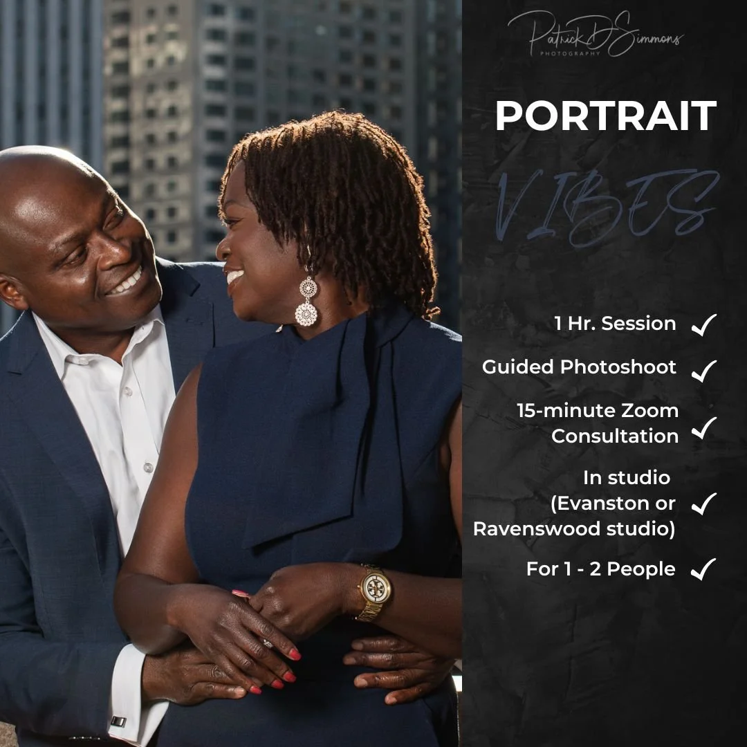 Happy couple, a man and woman, smiling and looking at each other, with city buildings in the background, promoting portrait vibes photography session.
