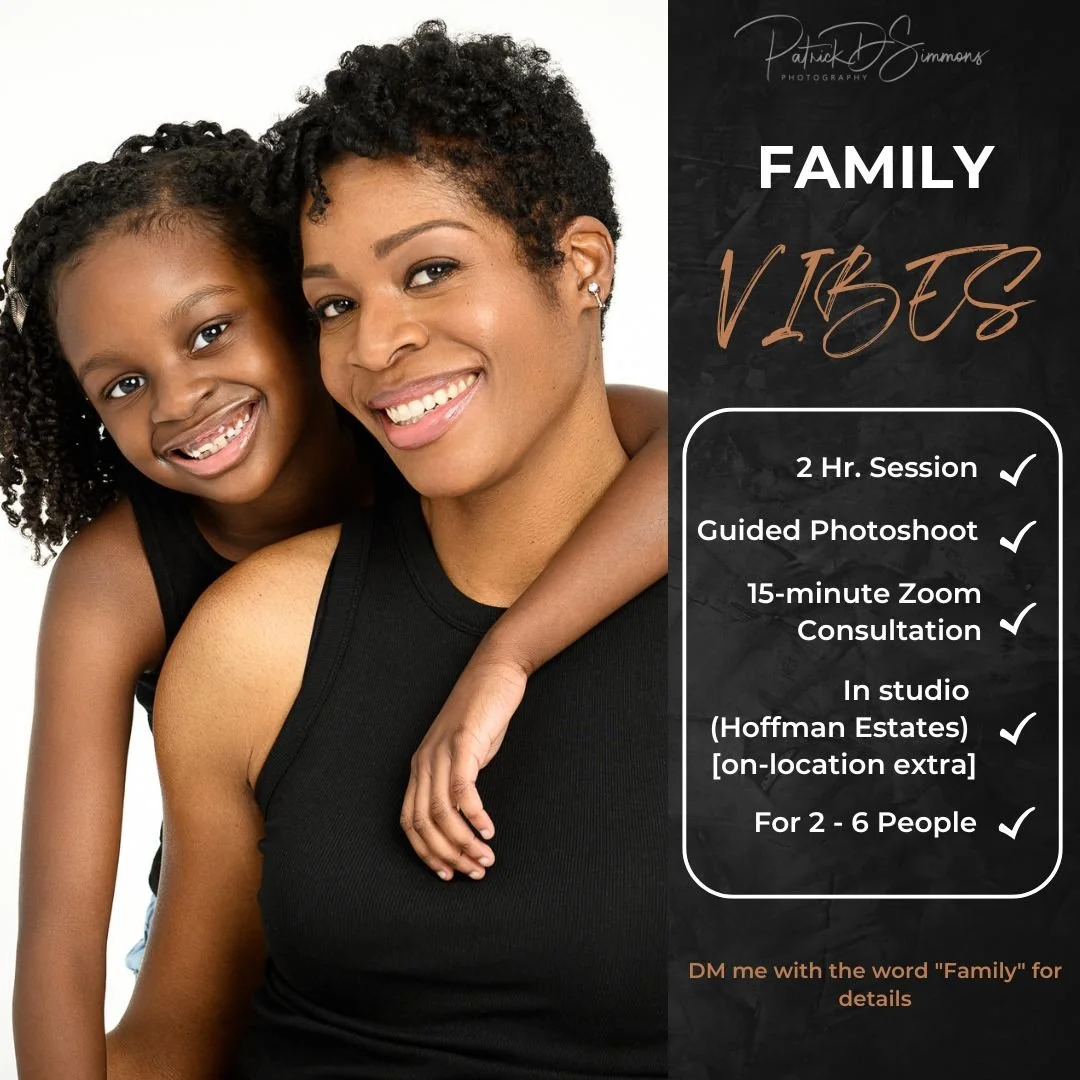 A smiling woman and young girl, likely family, posing together, advertising family photoshoot services.