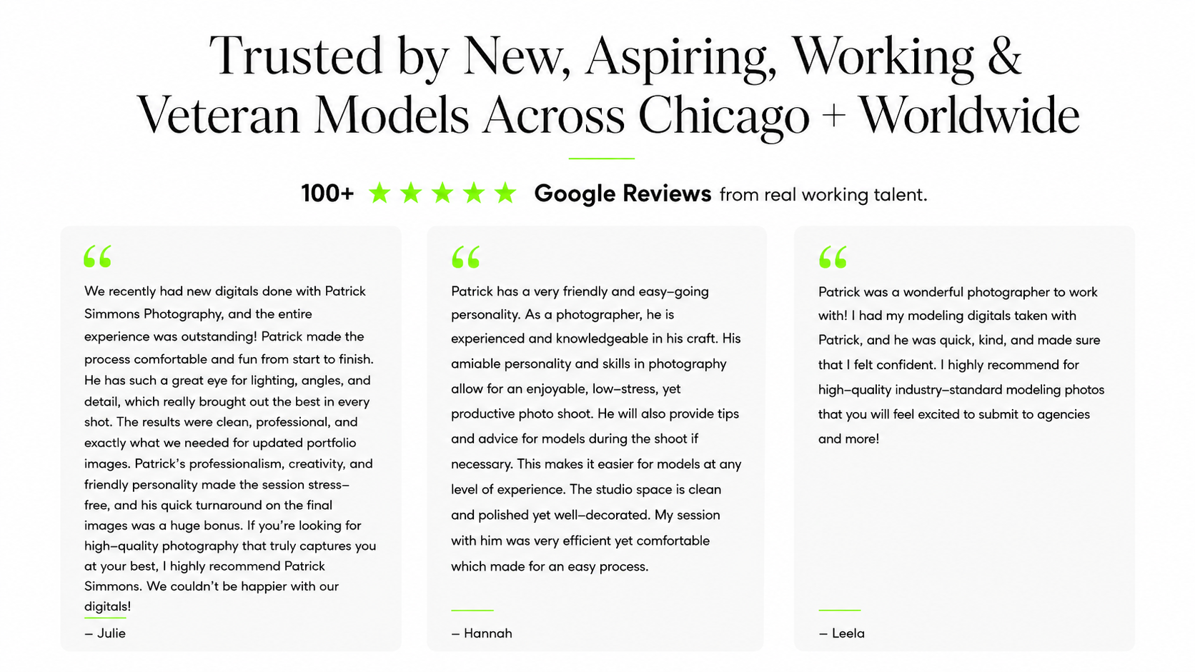 Website homepage promoting professional photography services with customer reviews and a five-star rating, featuring testimonials about the photographer's skill, personality, and studio environment.