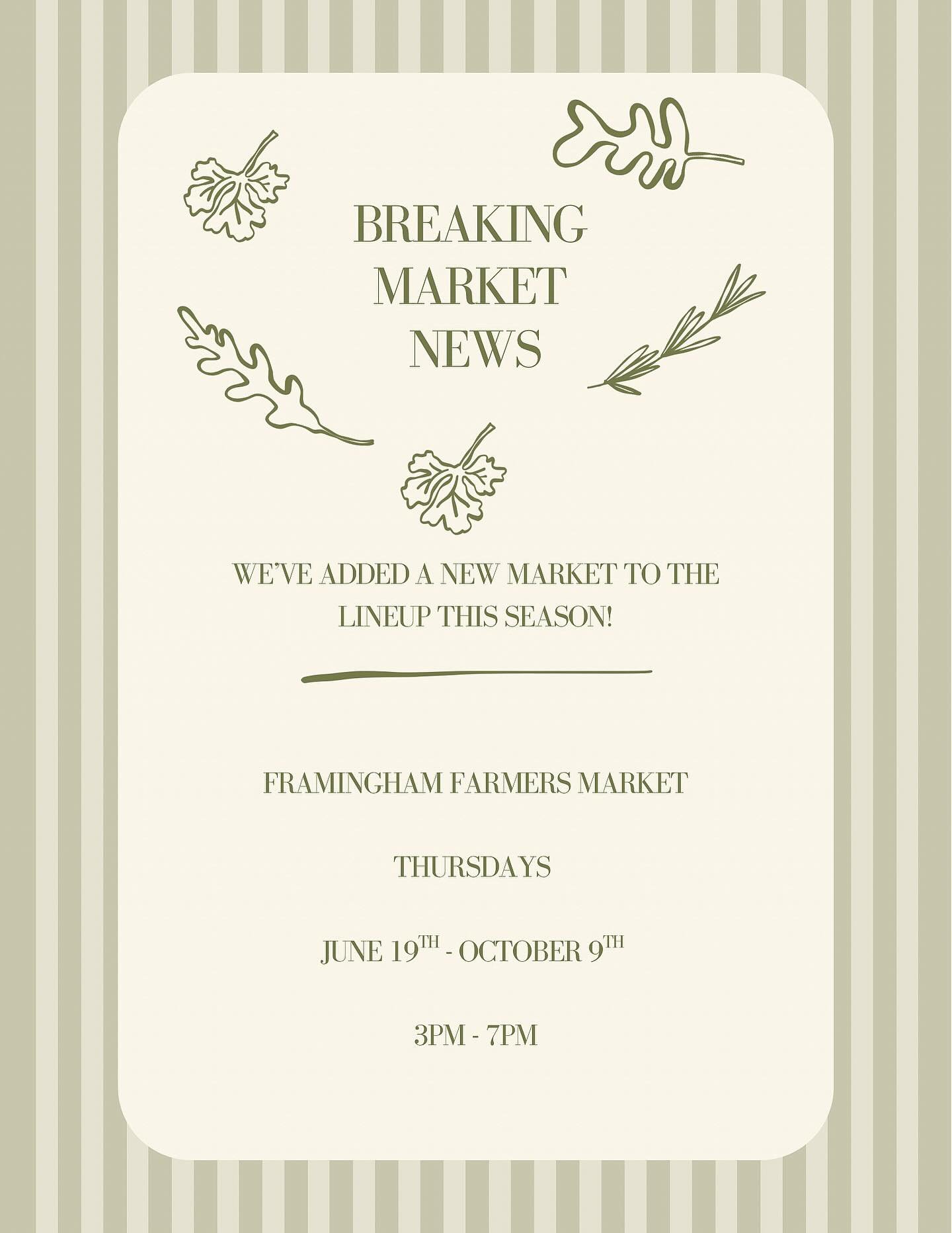 BREAKING MARKET NEWS π₯
We’ve added a new market to the lineup this season!
π Framingham Farmers Market
π
Thursdays | June 19–October 9
π 3–7 PM
Catch us there along with your favorite goodies. See you soon!
β¨ Full summer marke