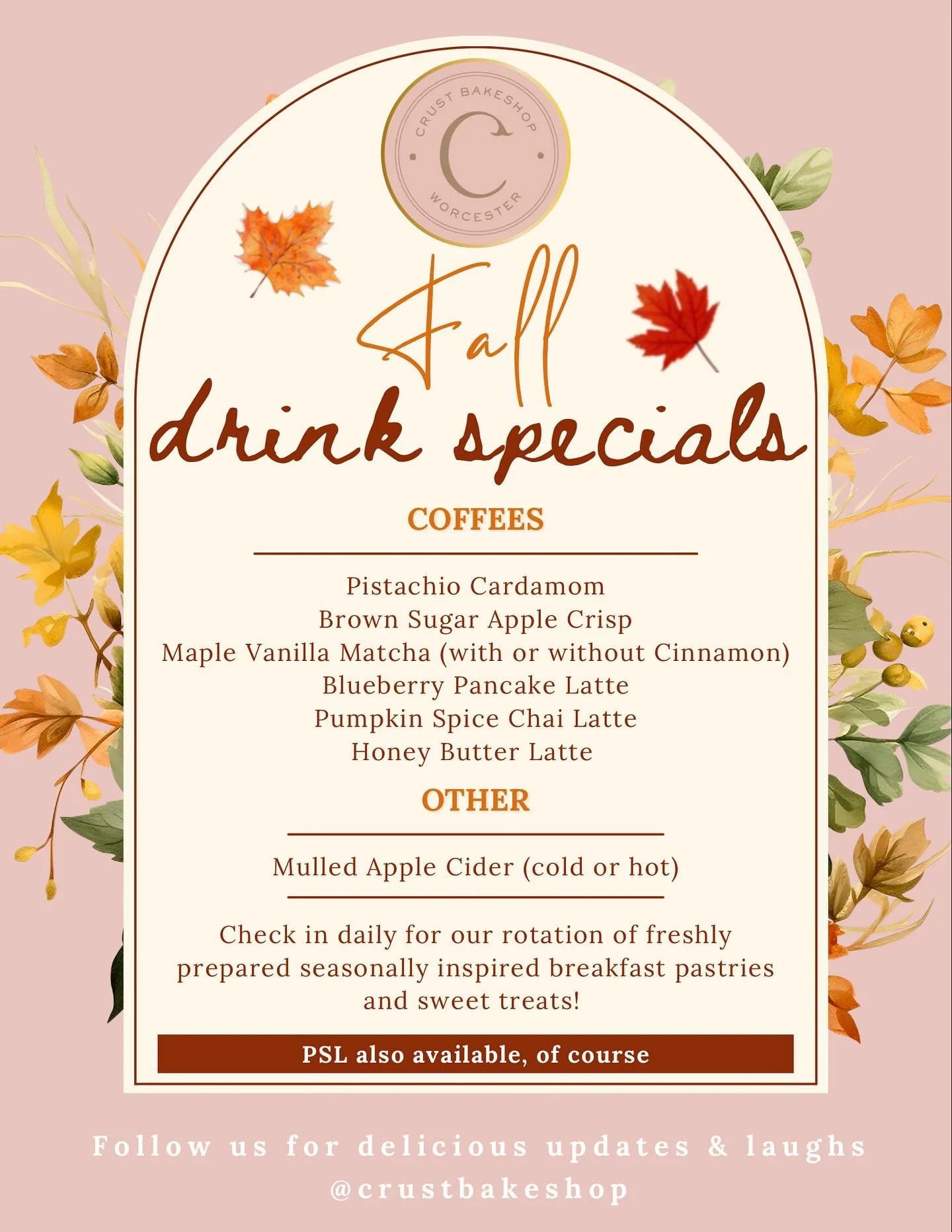 The leaves are changing, and so are our drink specials. 🍂 ☕️ Which one are you trying first?

#crustbakery #crustbakeshop #worcestereats #localflavors #worcesterma #newenglandcoffeeshop #worcestercoffeeshop #bodybycrust