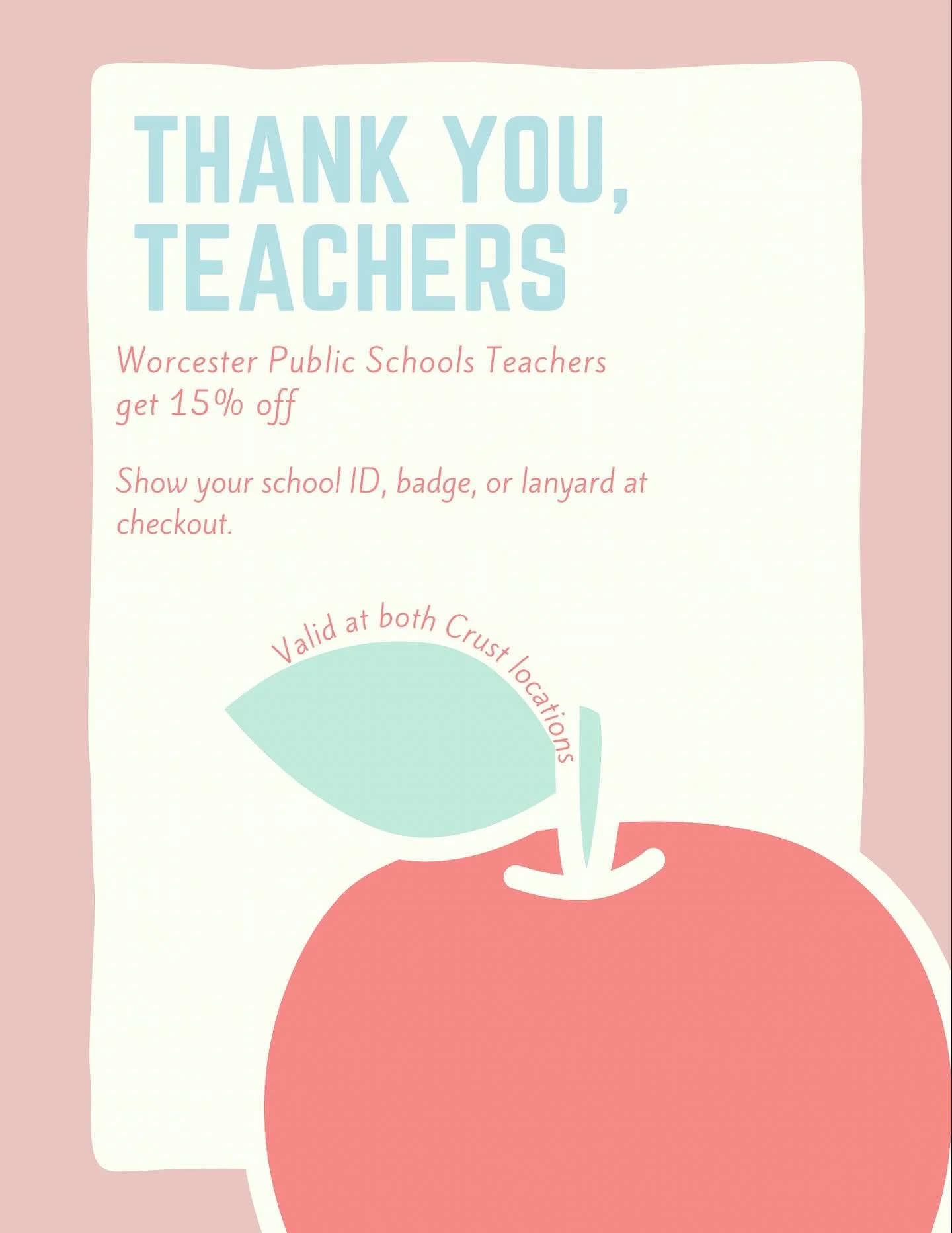 Our way of saying thanks 🍎 15% off for Worcester Public Schools teachers at both Crust locations.

#crustbakery #crustbakeshop #bodybycrust #worcesterma #worcestercoffeeshops #newenglandcoffeeshop #worcestereats #localflavors