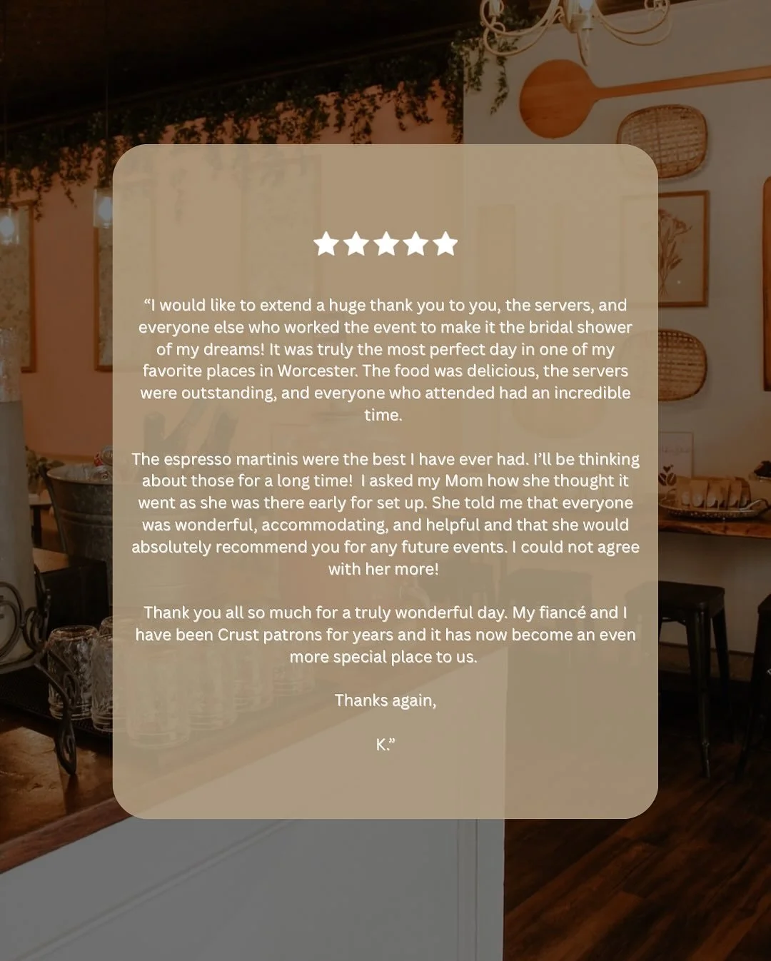 We&rsquo;re so grateful to be part of your special moments. 🥂 Both Crust and BirchTree offer cozy, welcoming spaces for gatherings of all kinds &mdash; from showers to birthdays to business events.

#Crustbakeshop #crustbakery #bodybycrust #worceste