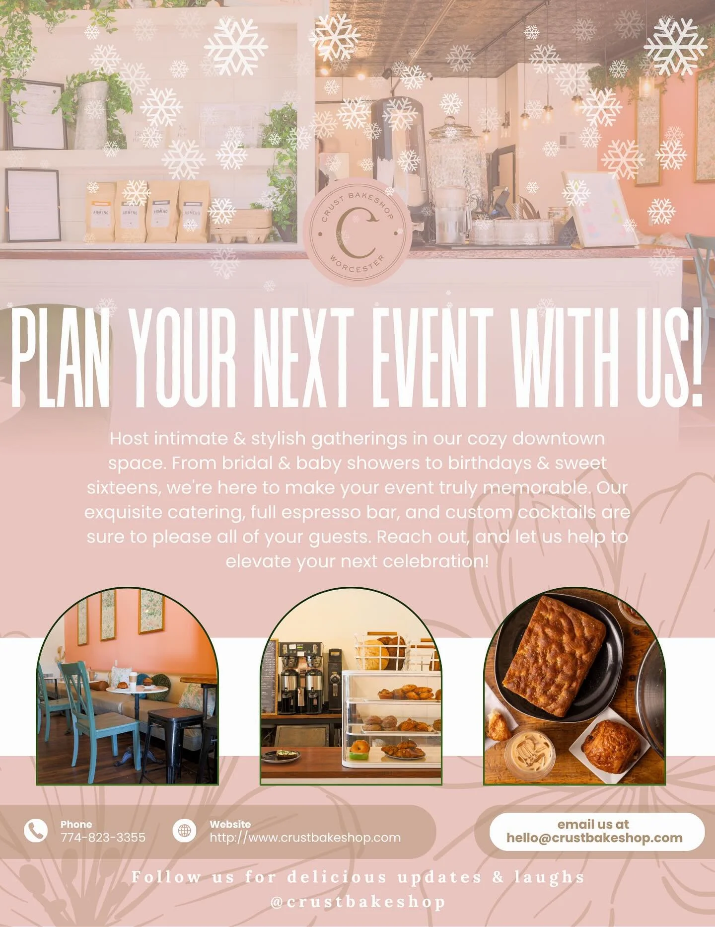 &rsquo;Tis the season for celebrations ✨❄️
Our Main Street caf&eacute; is the perfect backdrop for holiday parties, team get-togethers, and winter gatherings. 

#Crustbakeshop #crustbakery #bodybycrust #worcestereats #localflavors #worcesterma #worce