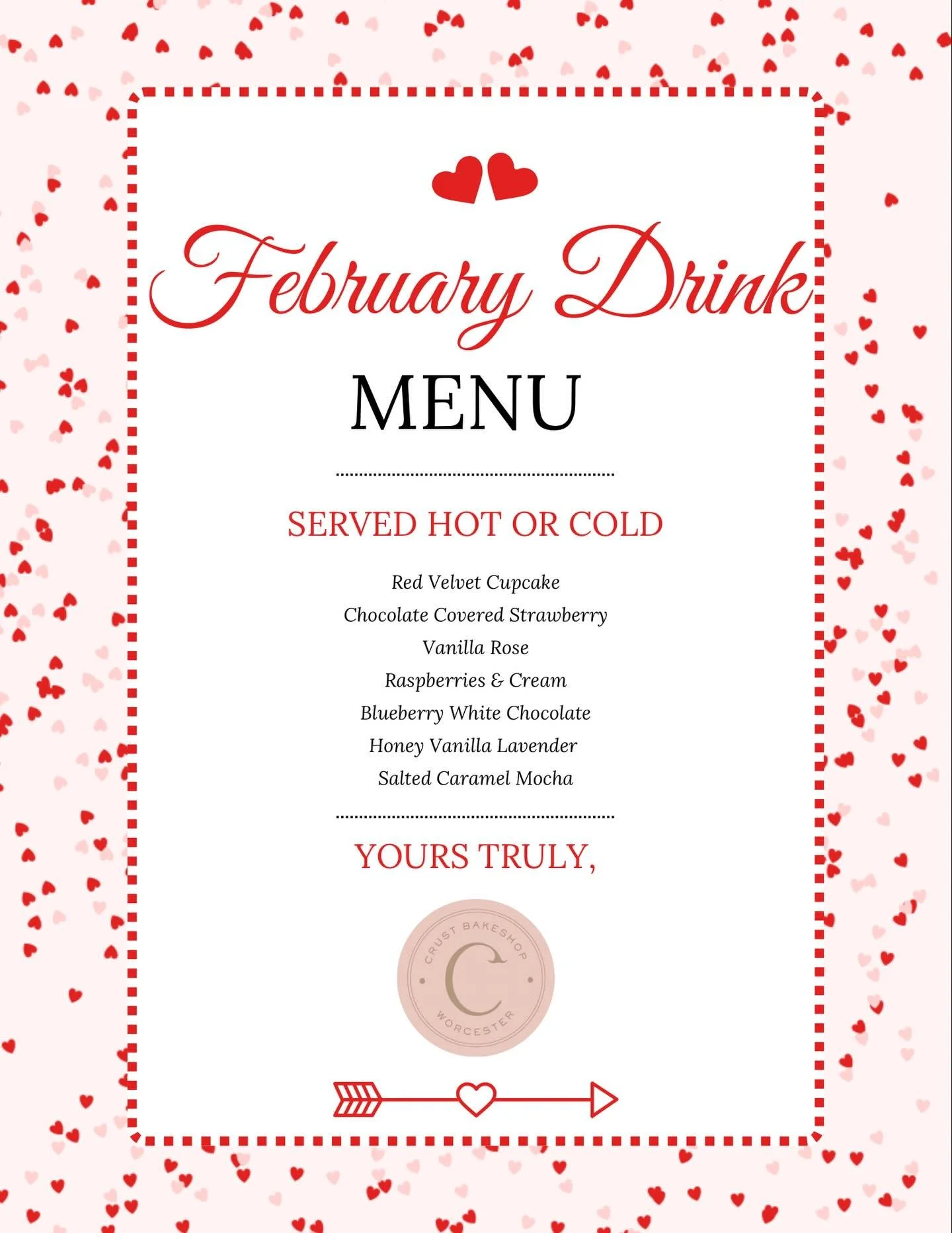 Hello February 💕 Our Valentine&rsquo;s drink menu is officially here and it&rsquo;s full of all the sweet, cozy flavors we love this time of year. Served hot or cold. Pick your favorite and fall in love.

#Crustbakeshop #crustbakery #bodybycrust #wo