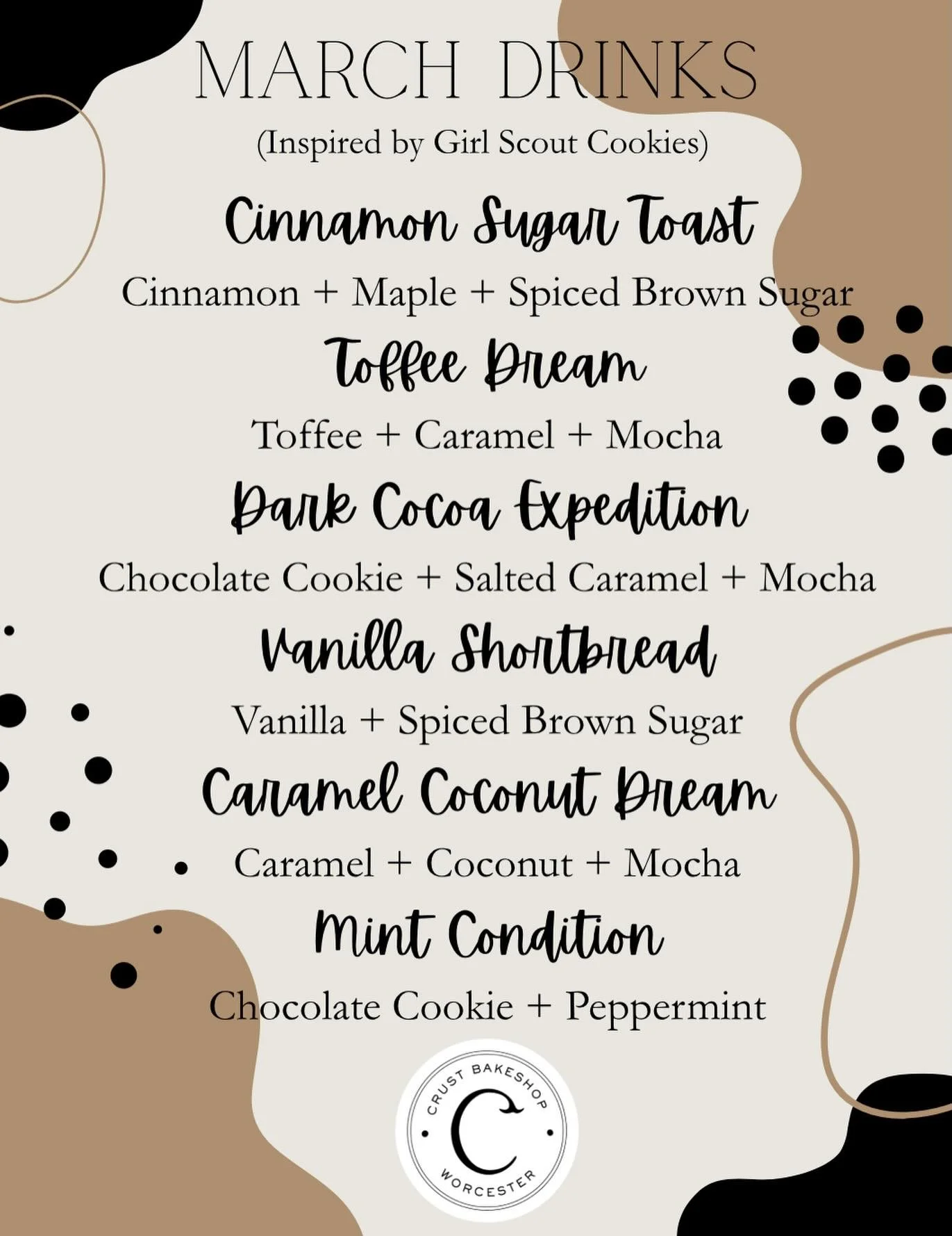 March drinks have entered the chat 🍪☕️

Inspired by some very iconic cookie flavors.

If you need us, we&rsquo;ll be taste-testing Cinnamon Sugar Toast and calling it &ldquo;research.&rdquo; 🤭

#Crustbakeshop #crustbakery #bodybycrust #worcestereat
