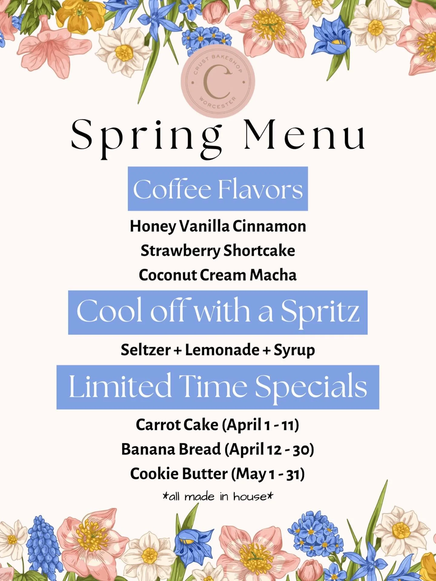 Spring menu is here 🌸

new coffee flavors, something light and bubbly if you&rsquo;re not in the mood for coffee, and a few rotating specials we&rsquo;ll be switching out throughout the next. 

Come try something new. 🤍

#Crustbakshop #bodybycrust 