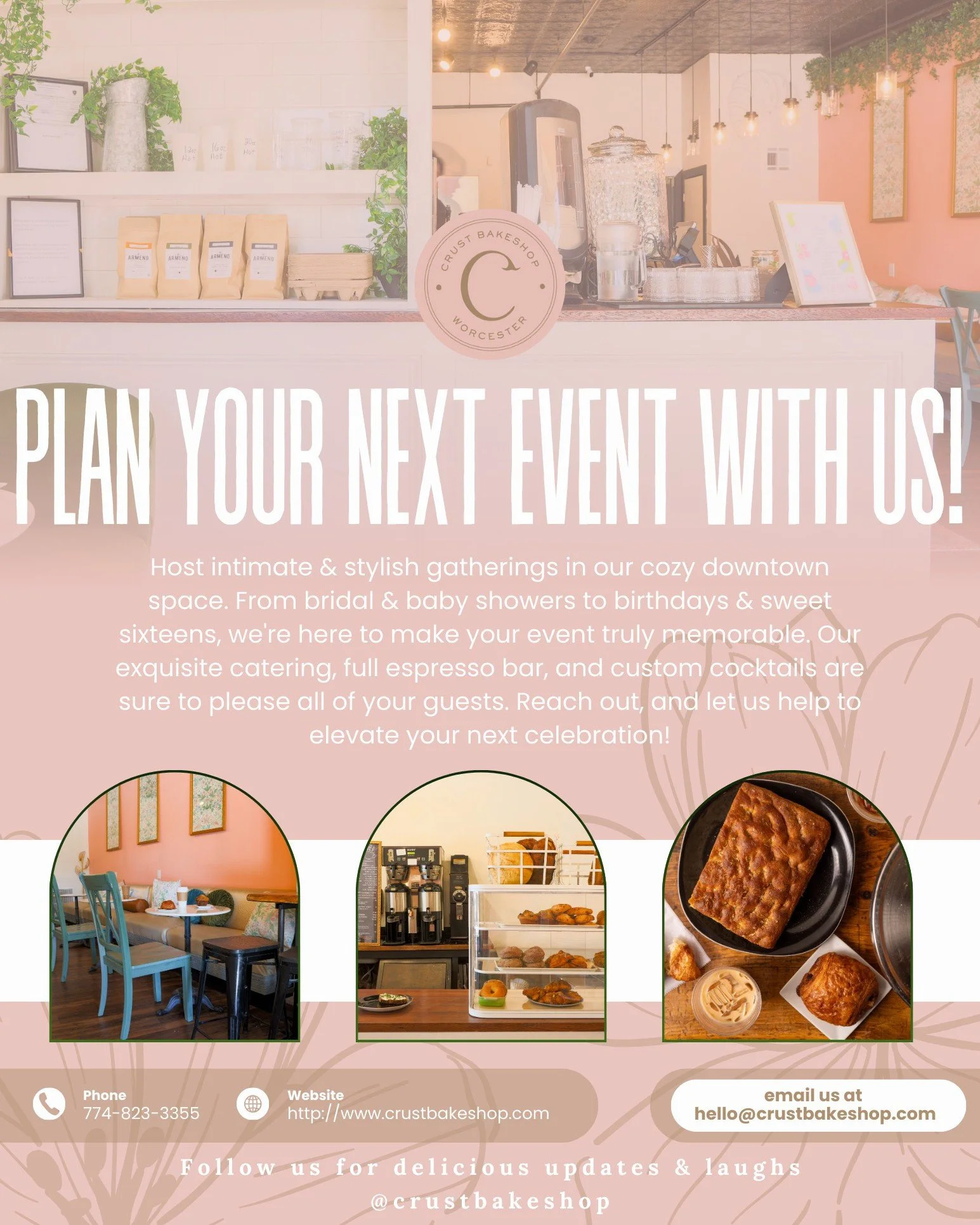 Planning something? We should talk. 🤗
Our Main Street space is available for private events, and we offer catering to match. 
Let&rsquo;s make it easy (and delicious).
Inquire for more info at hello@crustbakeshop.com 📩

#Crustbakeshop #bodybycrust 