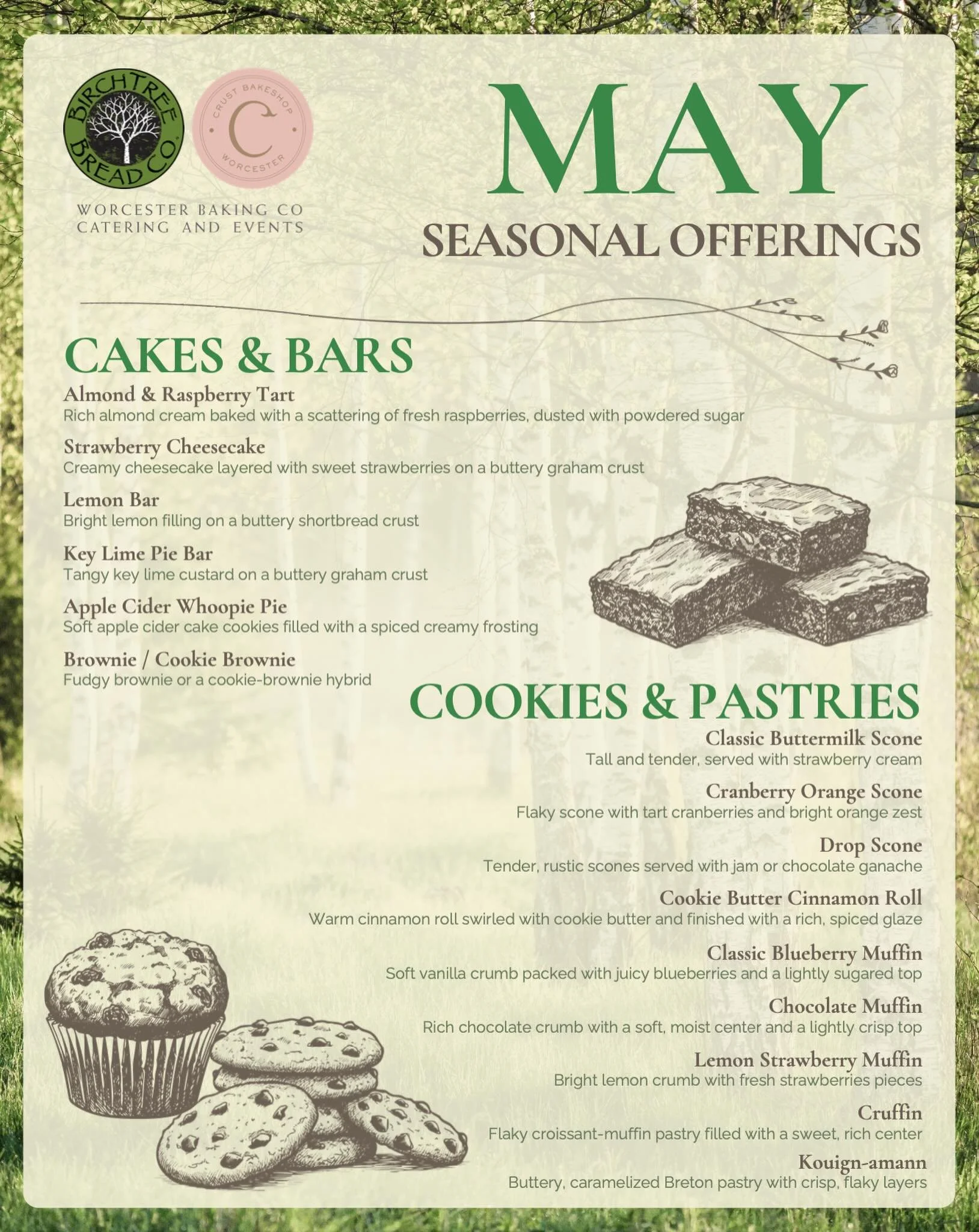 May seasonal offerings are here 🌿

From lemon bars and key lime pie bars to blueberry muffins and cookie butter cinnamon rolls.

Available at Crust + BirchTree all month! 

#crustbakeshop #birchtreebreadcompany #worcestereats #localflavors #worceste