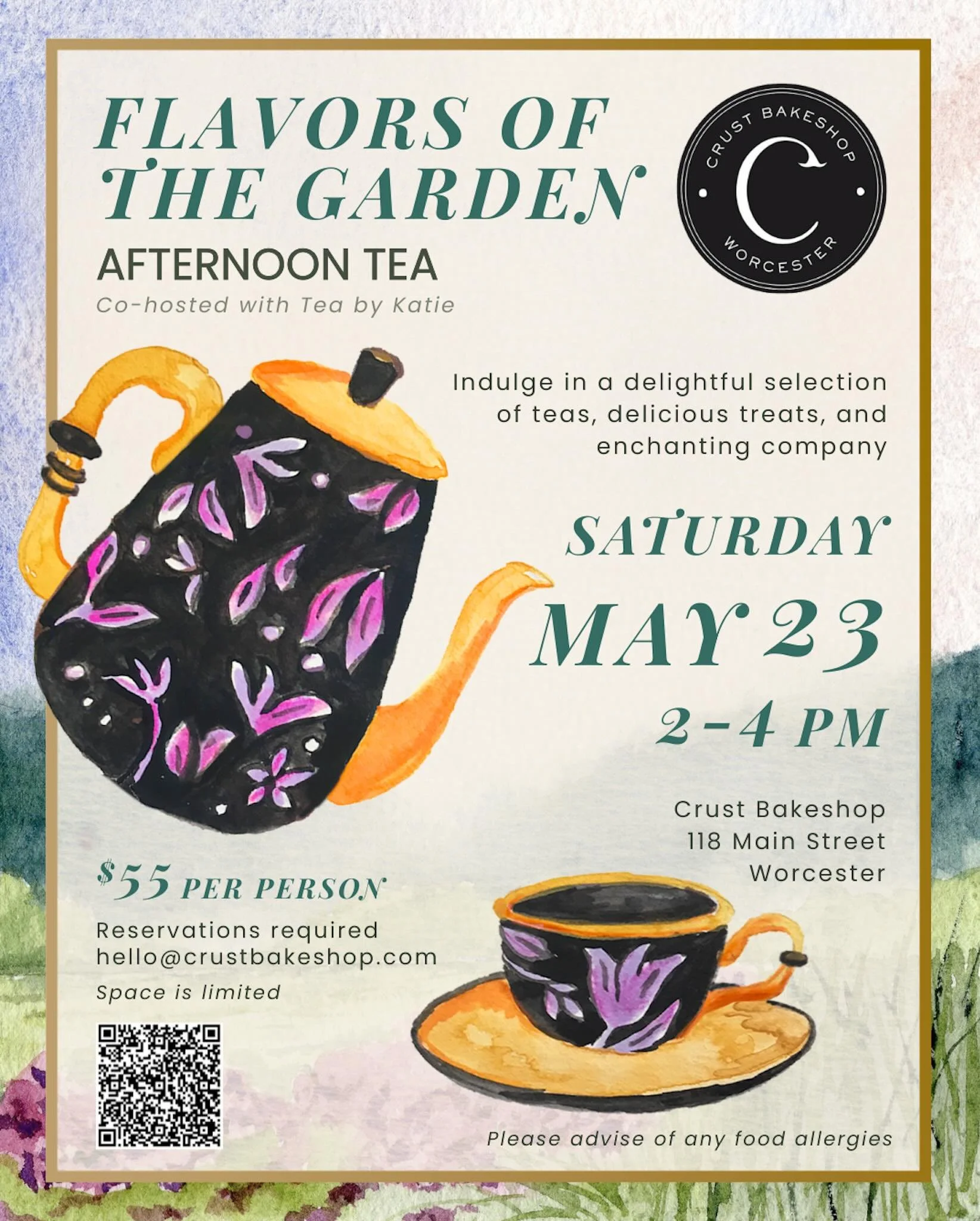 Join us for Flavors of the Garden, co-hosted with Tea by Katie on May 23 from 2&ndash;4 PM. Expect a selection of teas, sweet treats, and a cozy afternoon at the bakery. 🫖💐

$55 per person &bull; reservations required
Tickets available through the 