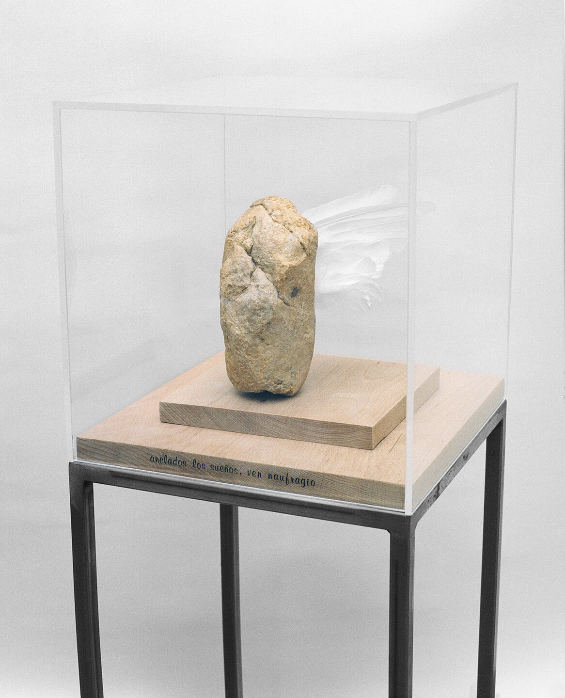  Anclados los sueños, 1999, Stone, feathers, wood, plexiglass and metal, 55.1 x 13.7 x 13.7 inches/ 140 x 35 x 35 cm 