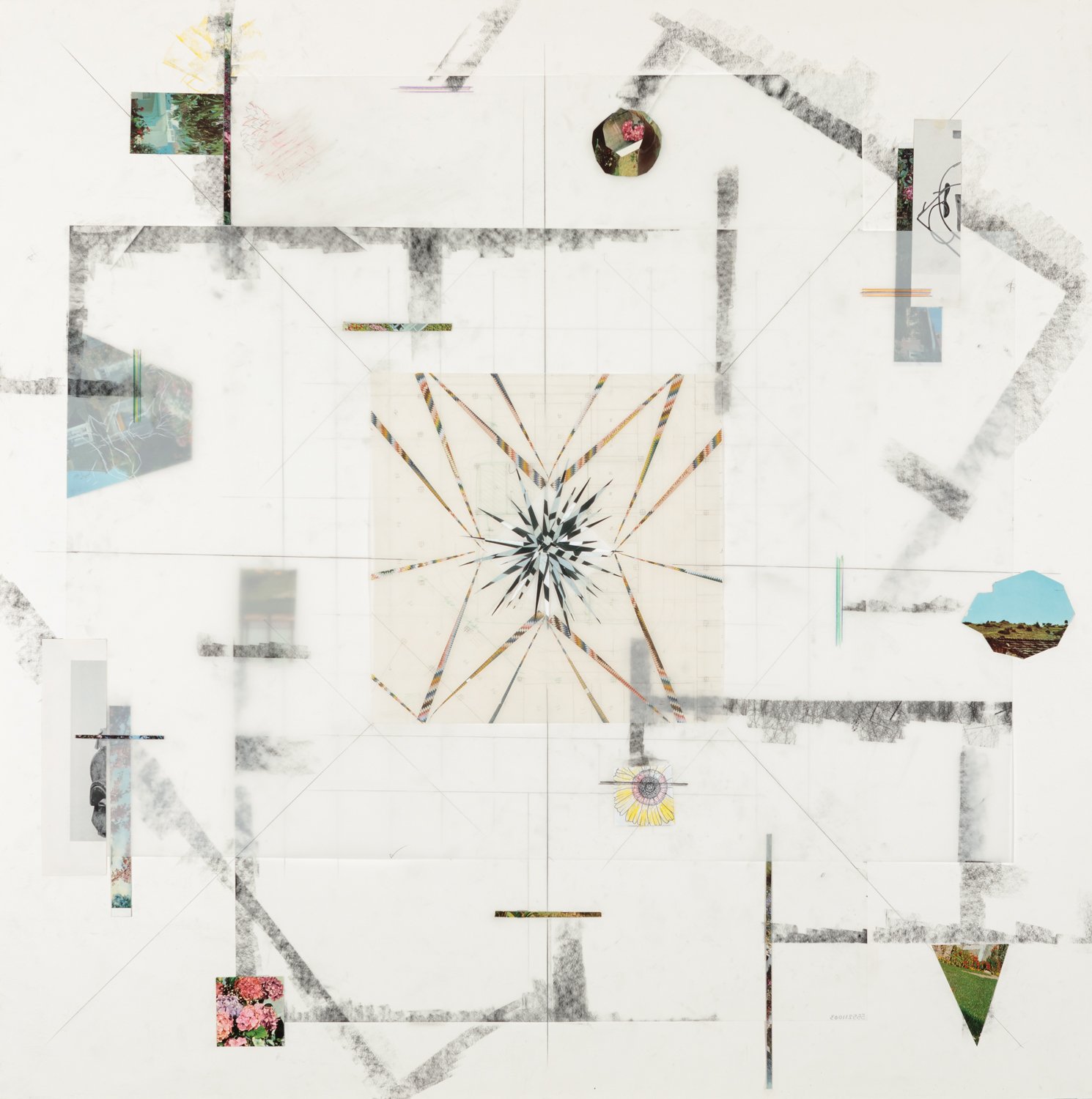  Untitled, 2021, graphite, colored pencil and collage on paper and mylar, 42 x 42 inches/ 107 x 107 cm 