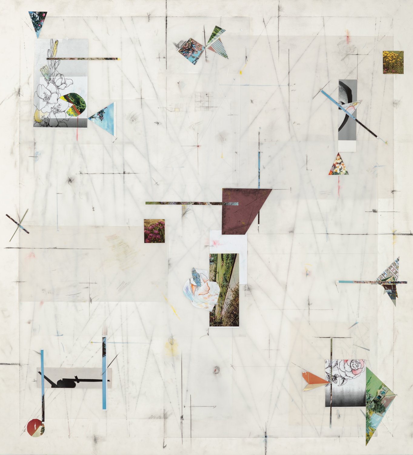 Untitled, 2021, graphite, colored pencil and collage on paper and mylar, 51 x 47 inches/ 130 x 120 cm 