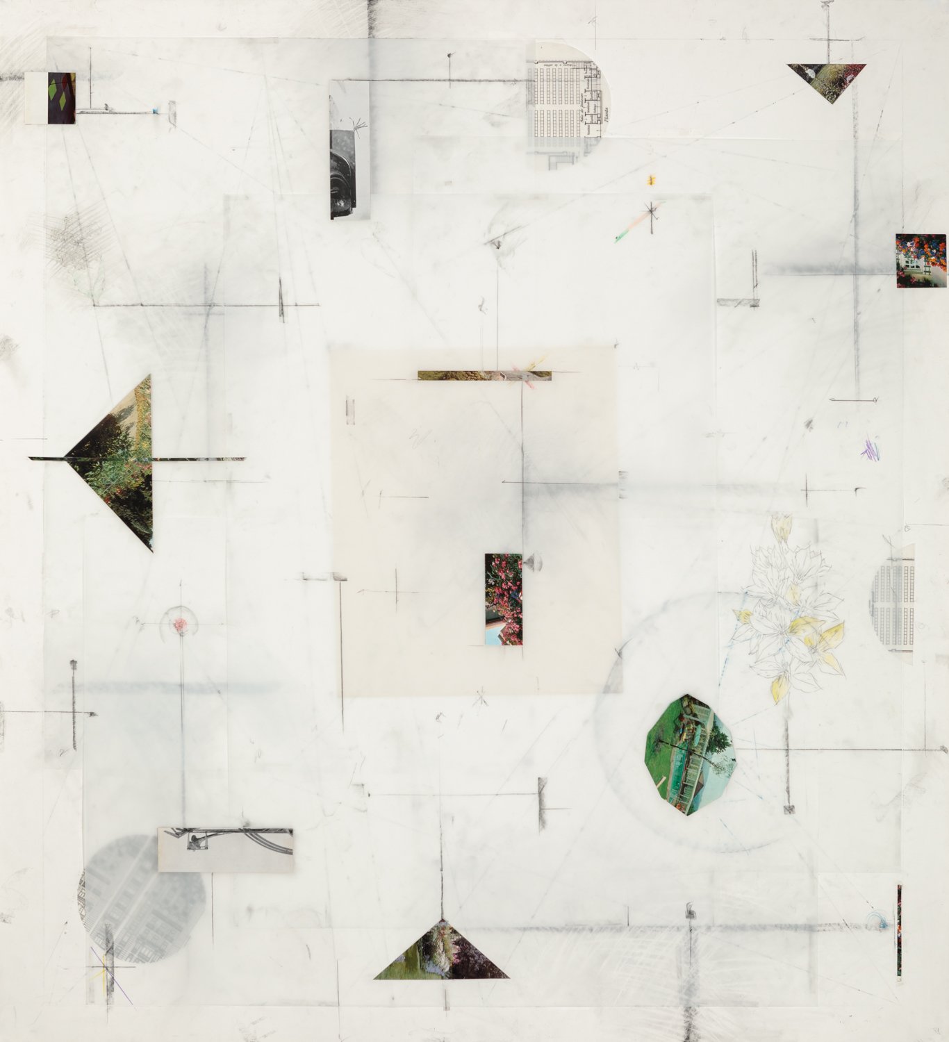  Untitled, 2021, graphite, colored pencil and collage on paper and mylar, 51 x 47 inches/ 130 x 120 cm 