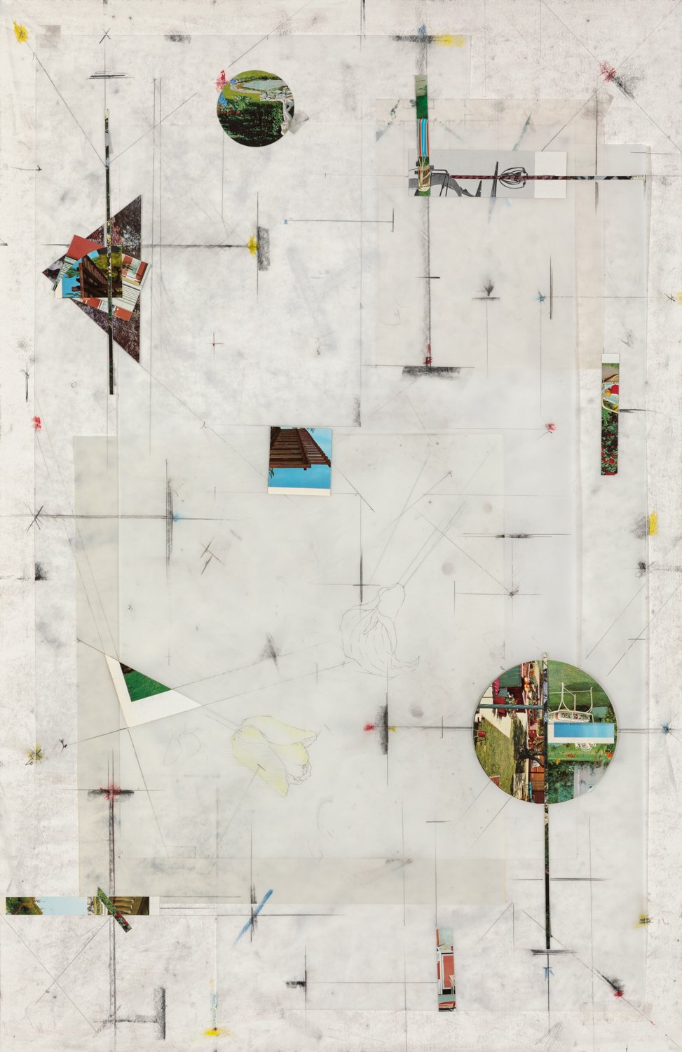  Untitled, 2021, graphite, colored pencil and collage on paper and mylar, 36 x 24 inches/ 91,5 x 61 cm 