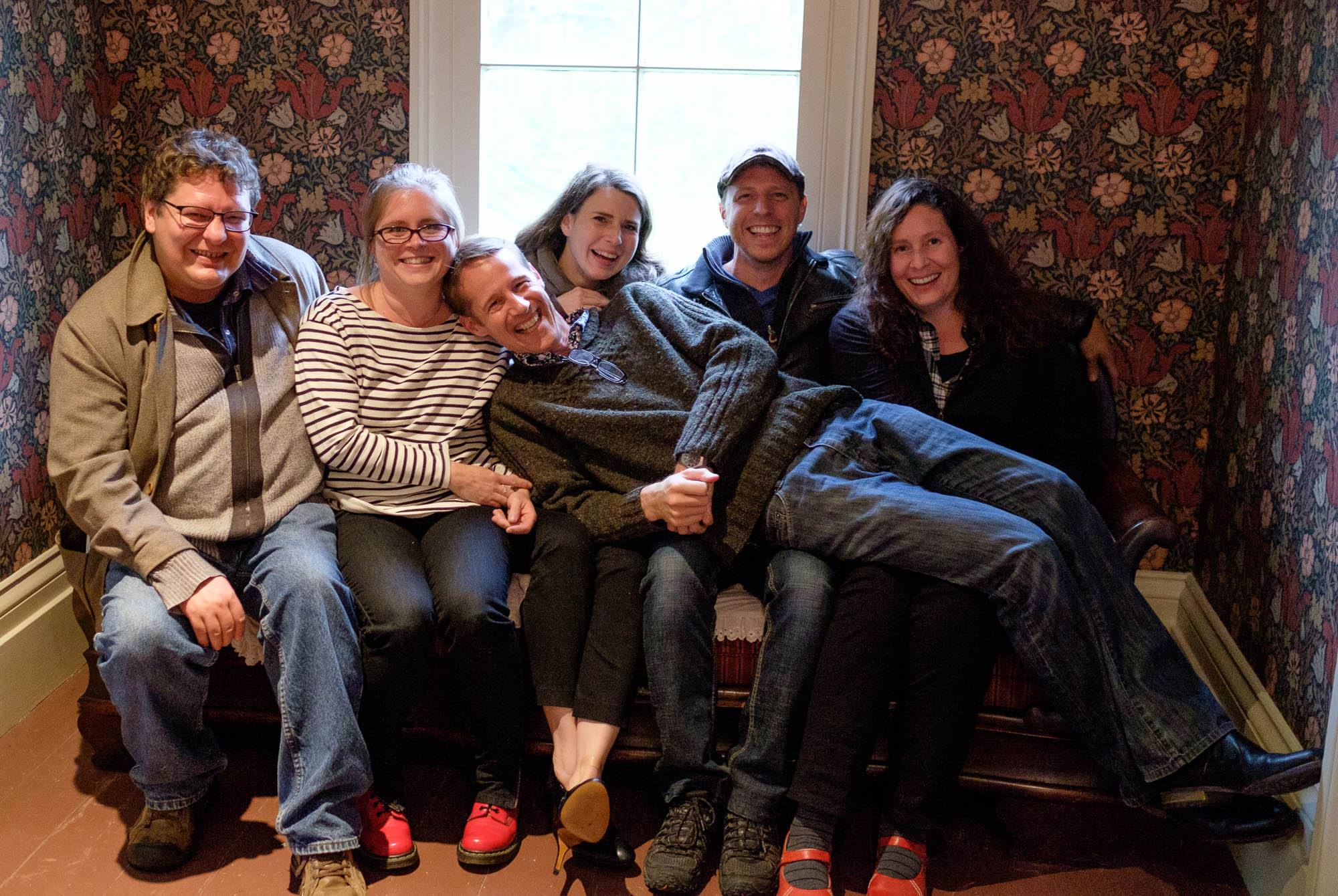 The ilsa team, all smiles at Pauline Johnson's house, chiefswood: Jesse archibald-barber, aubrey hanson, adar charlton, sam mckegney, pauline wakeham, and warren cariou