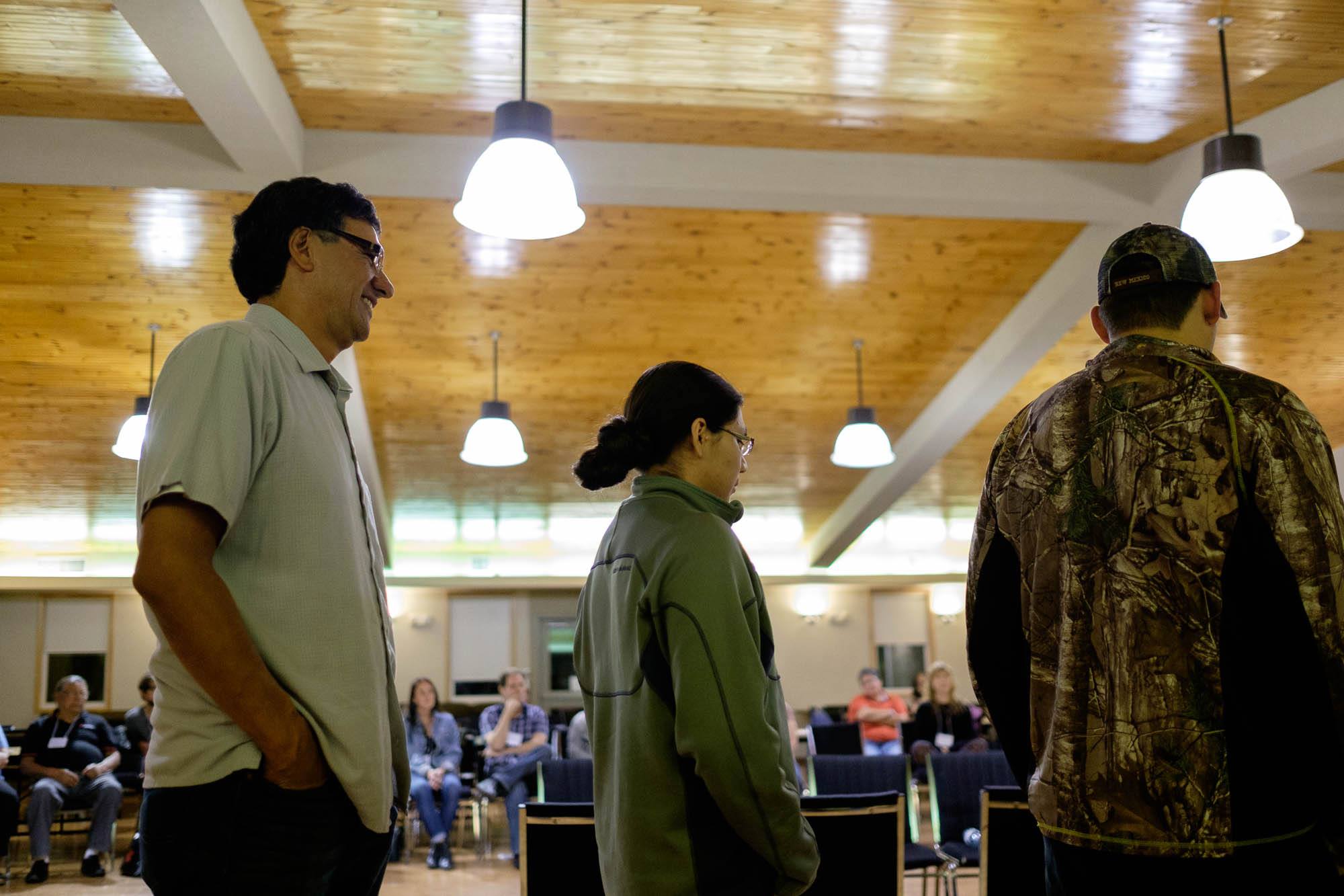 Rick Monture and other Six Nations community members introduce participants to the dances of the Iroquoian Social photo: warren cariou