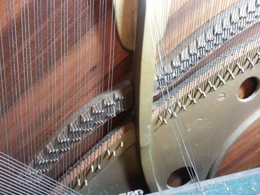The loosened strings after being pulled away from the bridge.