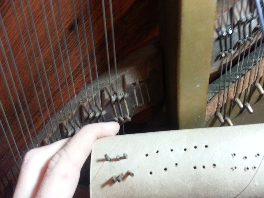Keeping the bridge pins in order. Note how the right-most string of the note next to the one being worked on has also been removed.