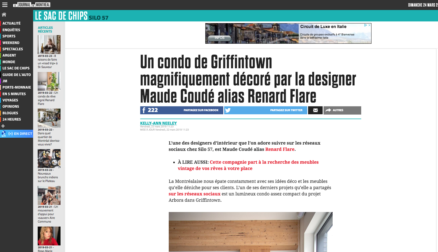 Parution du journal de Montréal: https://www.journaldemontreal.com/2019/03/22/un-condo-de-griffintown-magnifiquement-decore-par-la-designer-maude-coude-alias-renard-flare