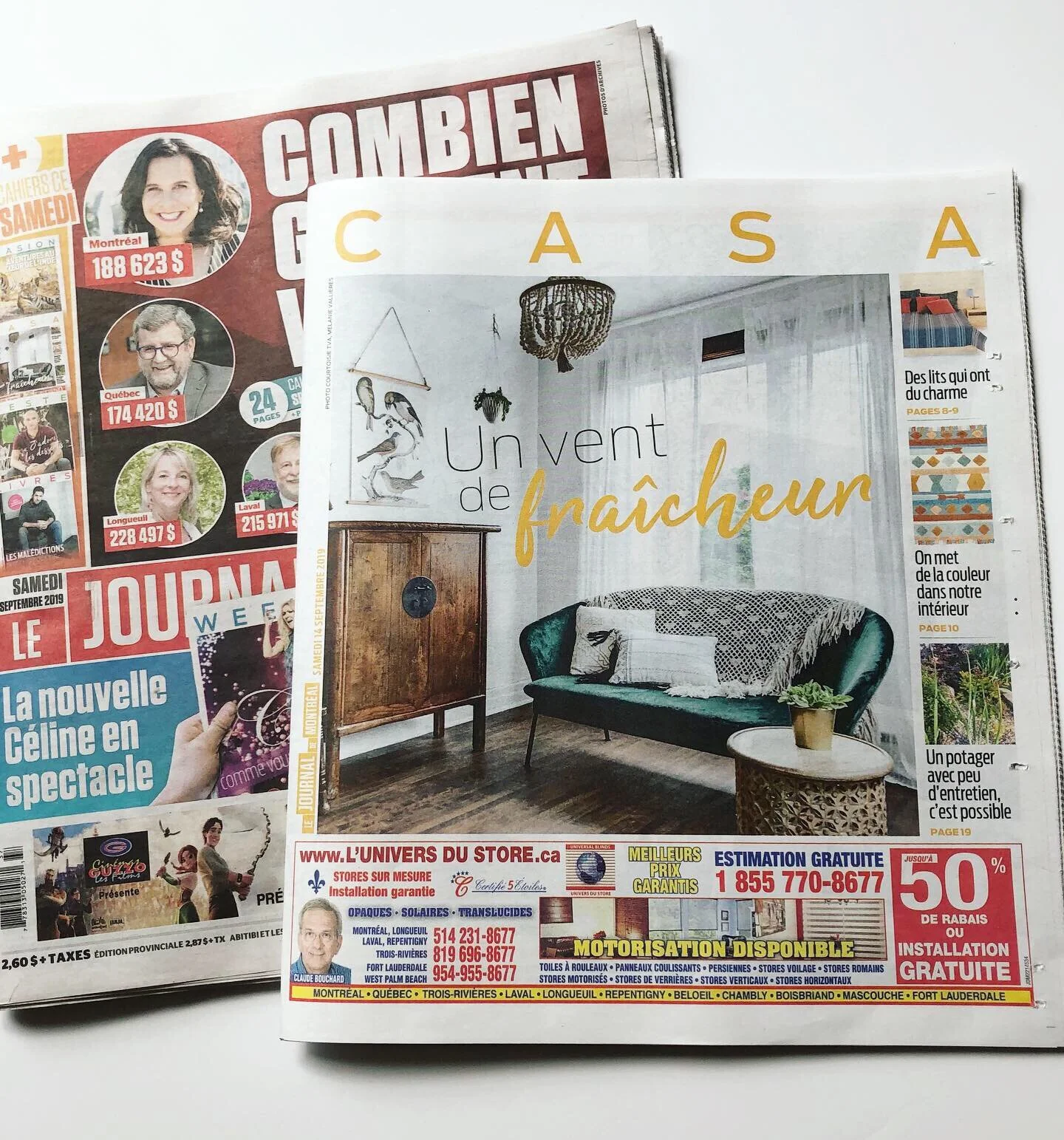 Un de mes projets fait Déco à la une, Journal de Montréal du samedi 14 septembre 2019.