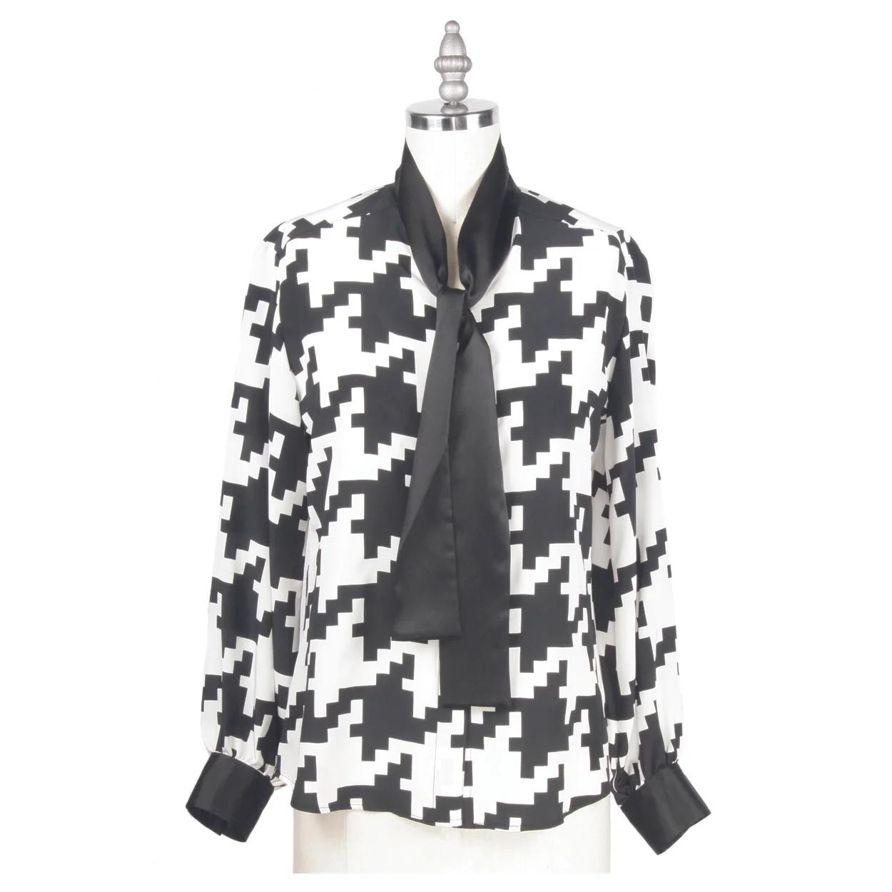 Alexander Michael Snyder AMS Atelier basics for women's clothing and lingerie. Black and White Houndstooth Silk Cotton Crepe de Chine Fashion stock tie blouse