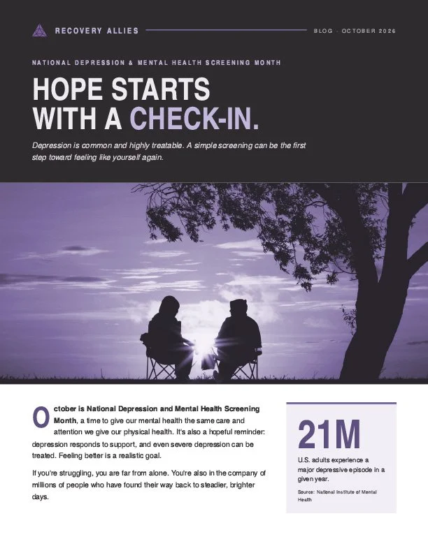Image of two people sitting by tree looking at an open sky tinted purple with language about National Depression and Mental Health Screening Month
