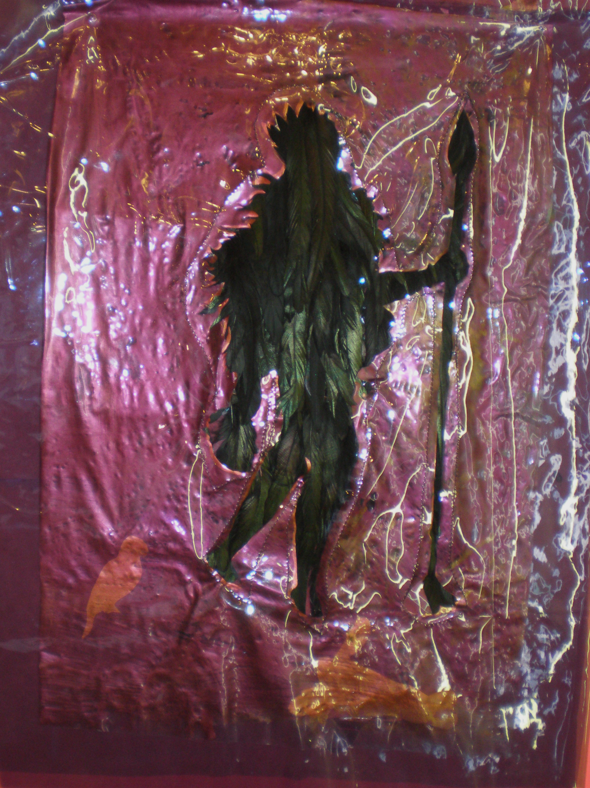   Allegory of America Carrying Decapitated Head , 2007  vinyl, paint, rooster feathers  32” x 24” 